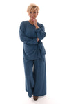 Tweedelig crepe pak met knoop lange mouwen jeansblauw