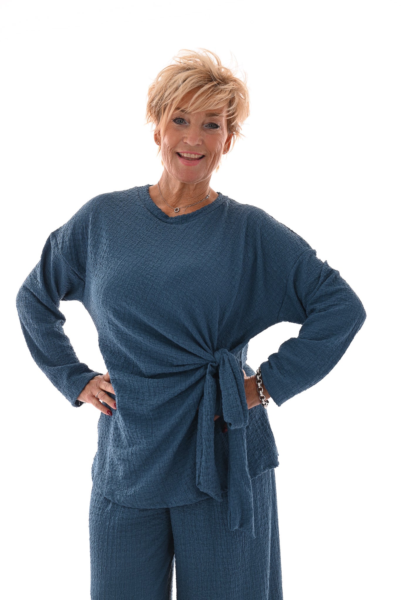 Tweedelig crepe pak met knoop lange mouwen jeansblauw