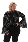 Top dots met strik en trompetmouwen zwart