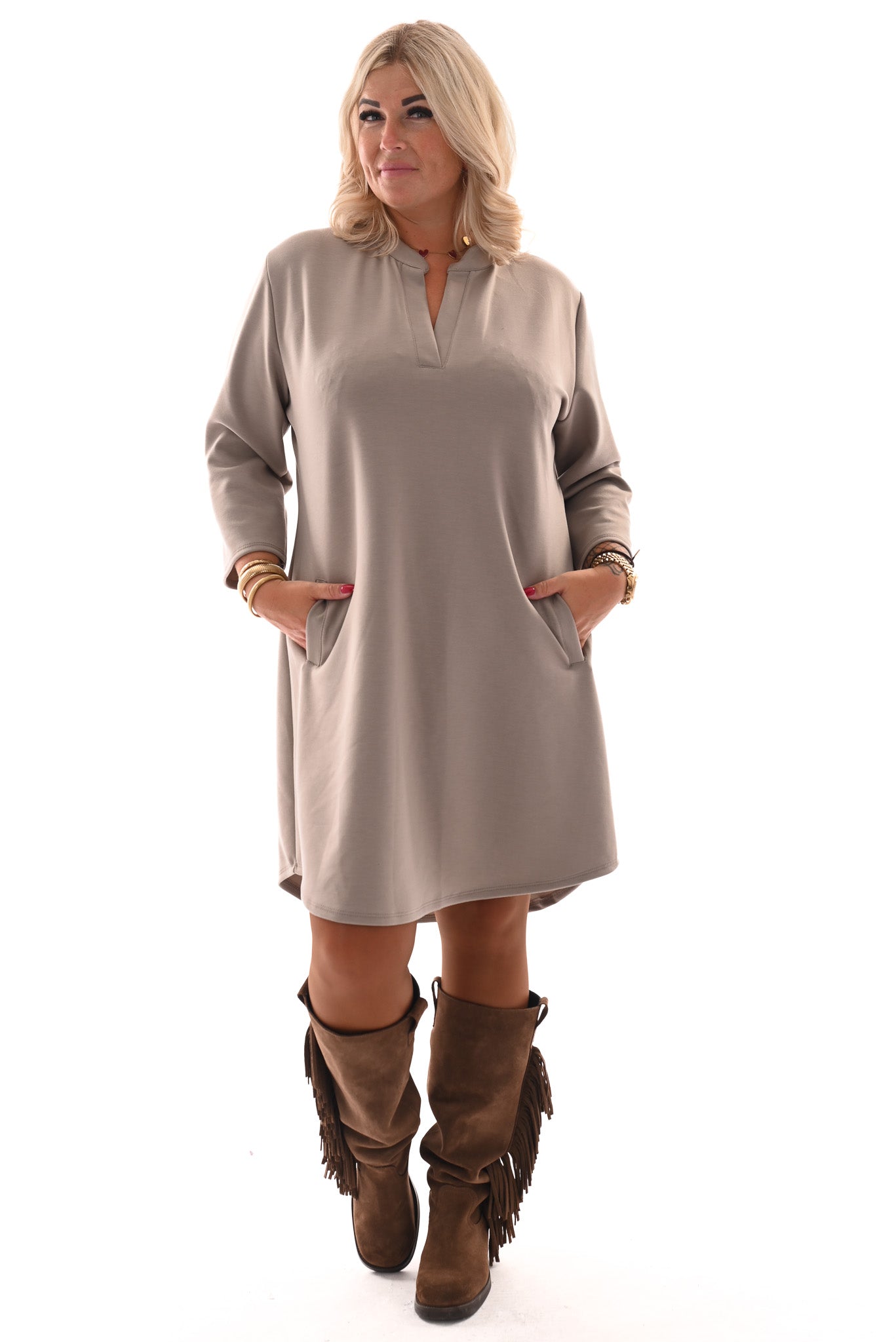 Tuniek deluxe v-hals 3/4e mouwen met zakken taupe