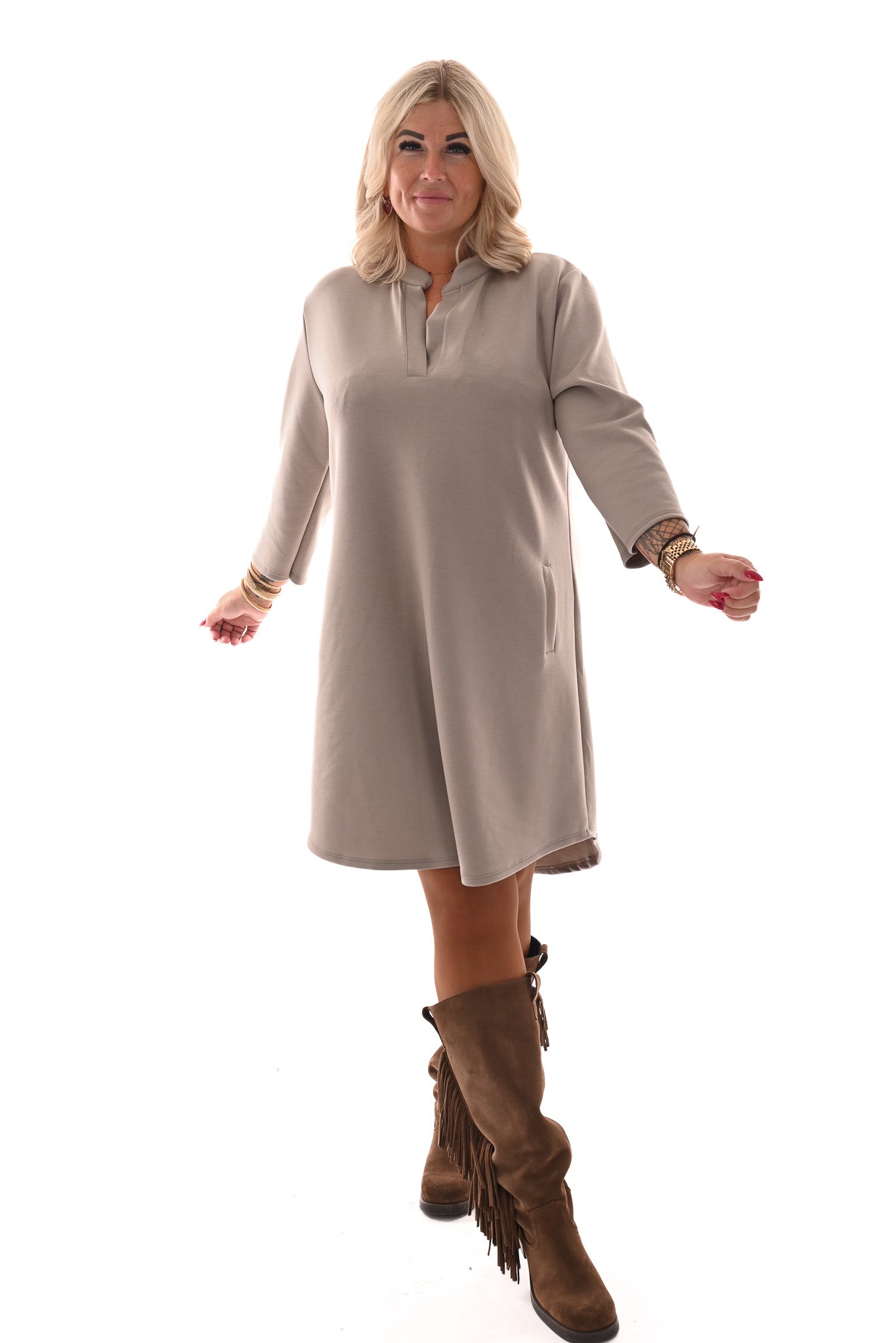 Tuniek deluxe v-hals 3/4e mouwen met zakken taupe