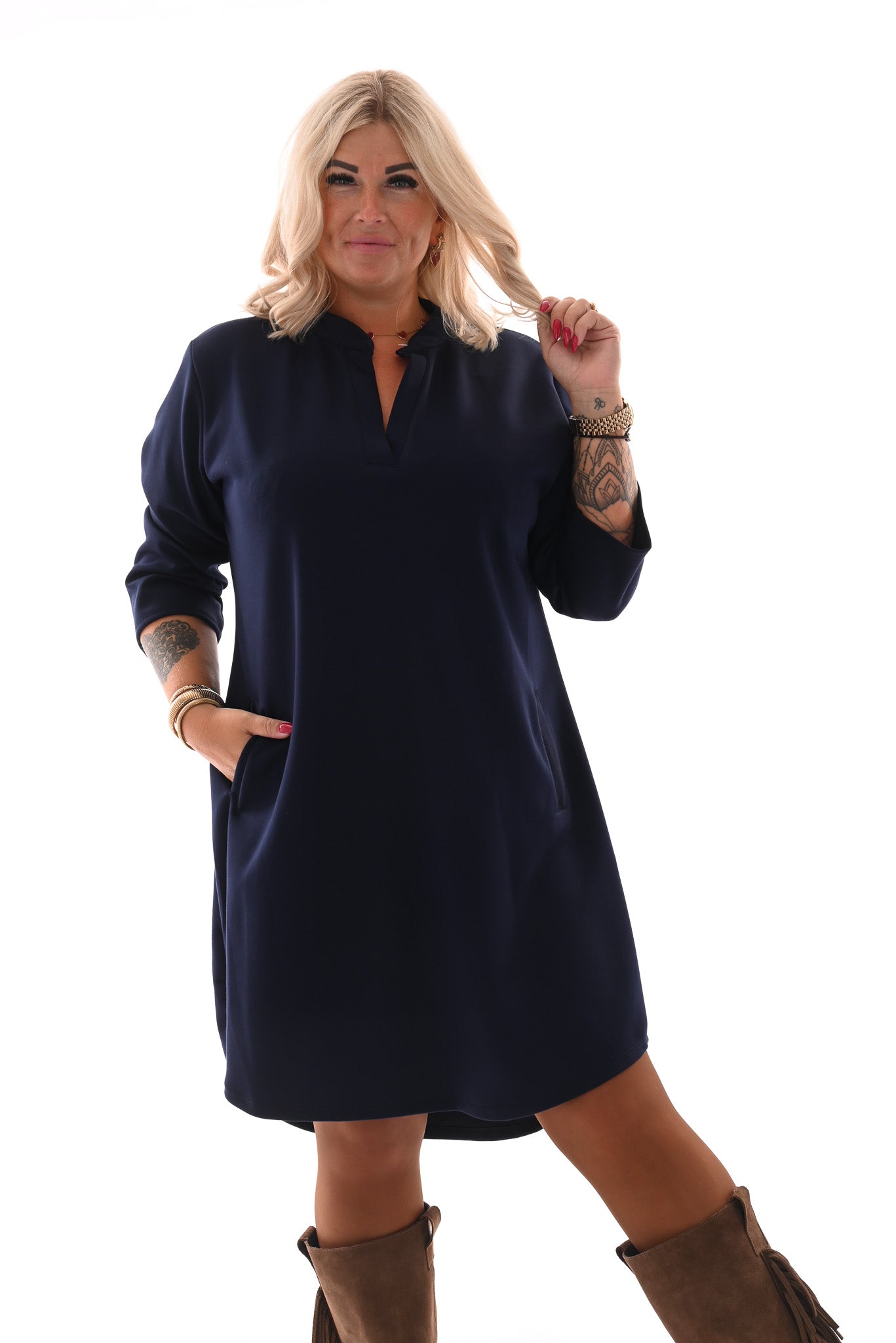 Tuniek deluxe v-hals 3/4e mouwen met zakken marineblauw
