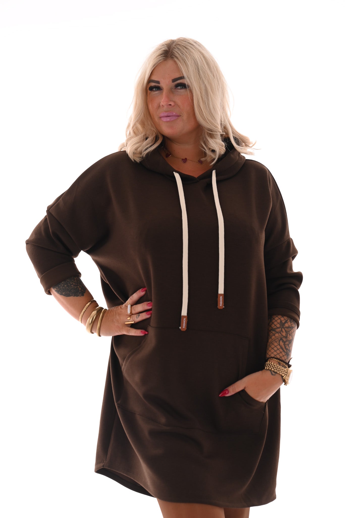 Sweaterdress met capuchon donkerbruin