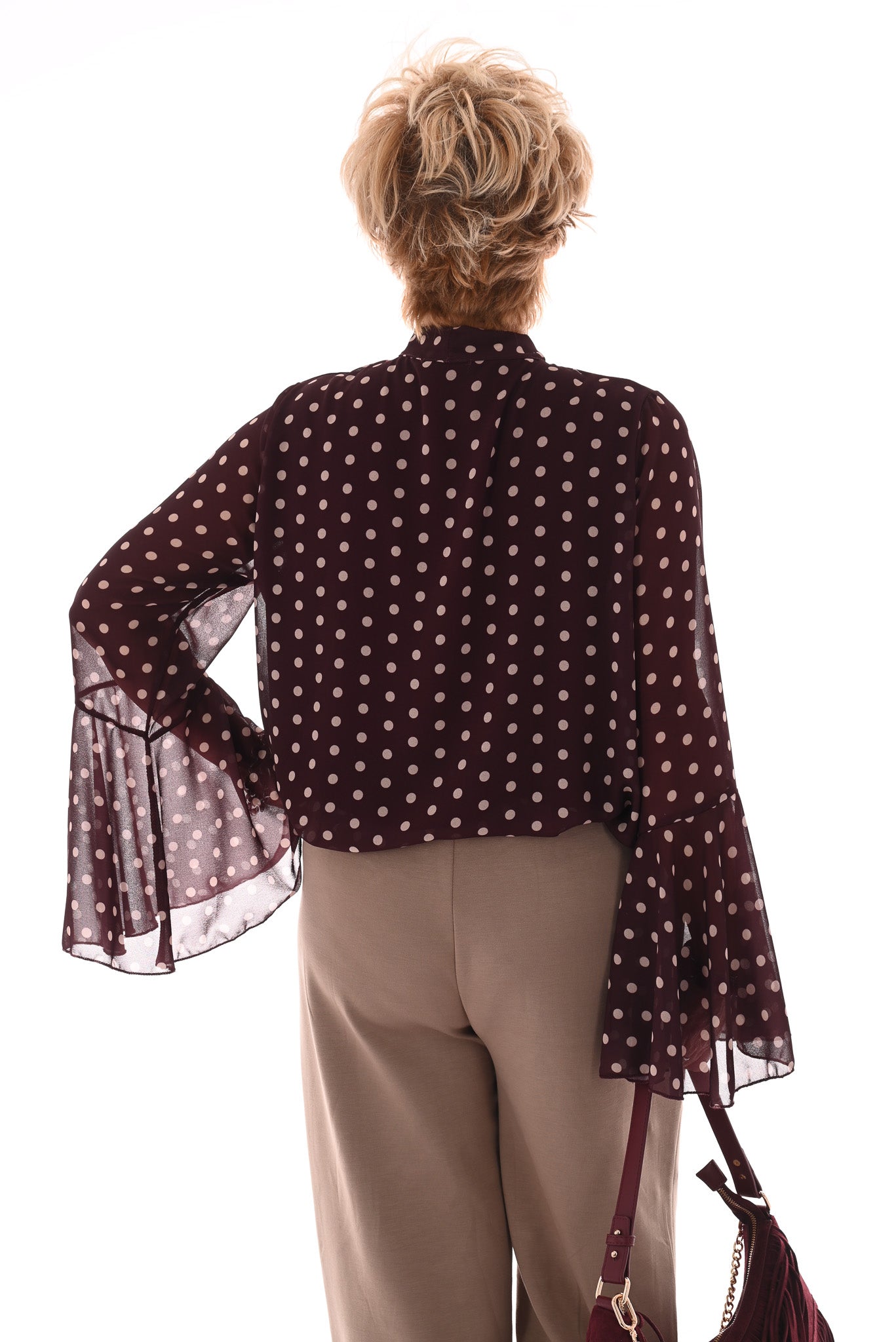 Top dots met strik en trompetmouwen aubergine