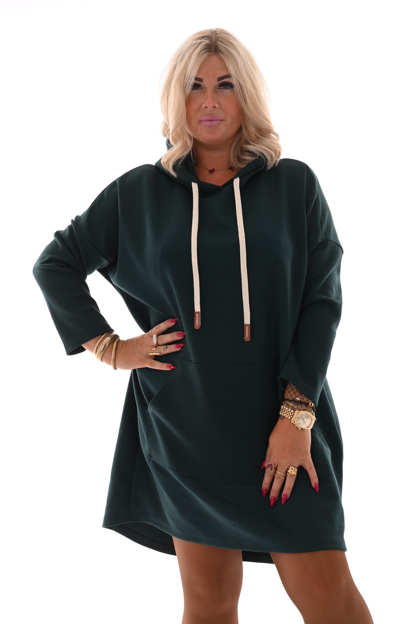 Sweaterdress met capuchon flessengroen