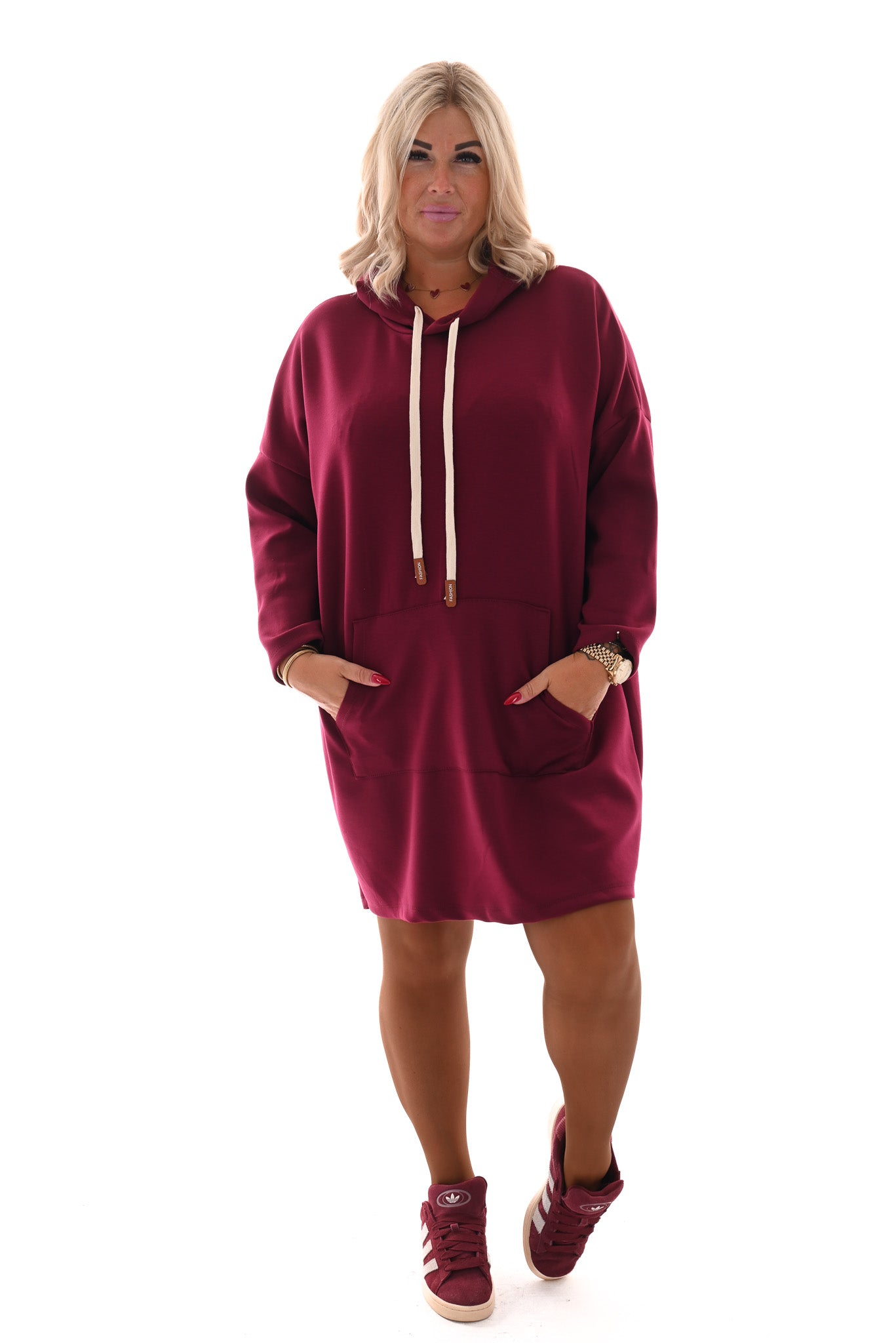 Sweaterdress met capuchon bordeaux