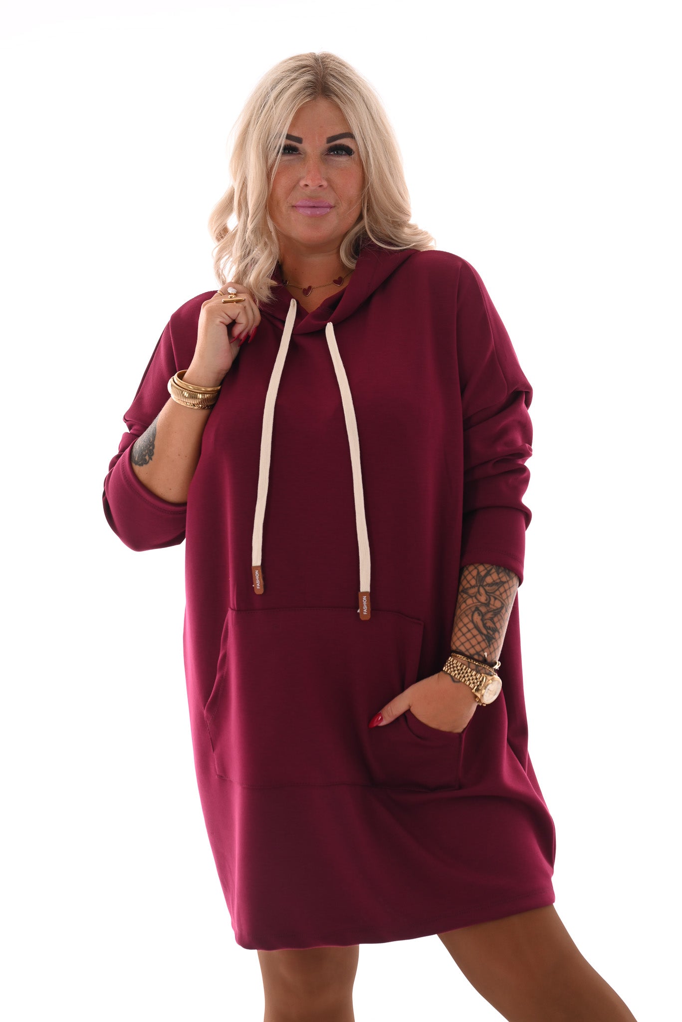 Sweaterdress met capuchon bordeaux