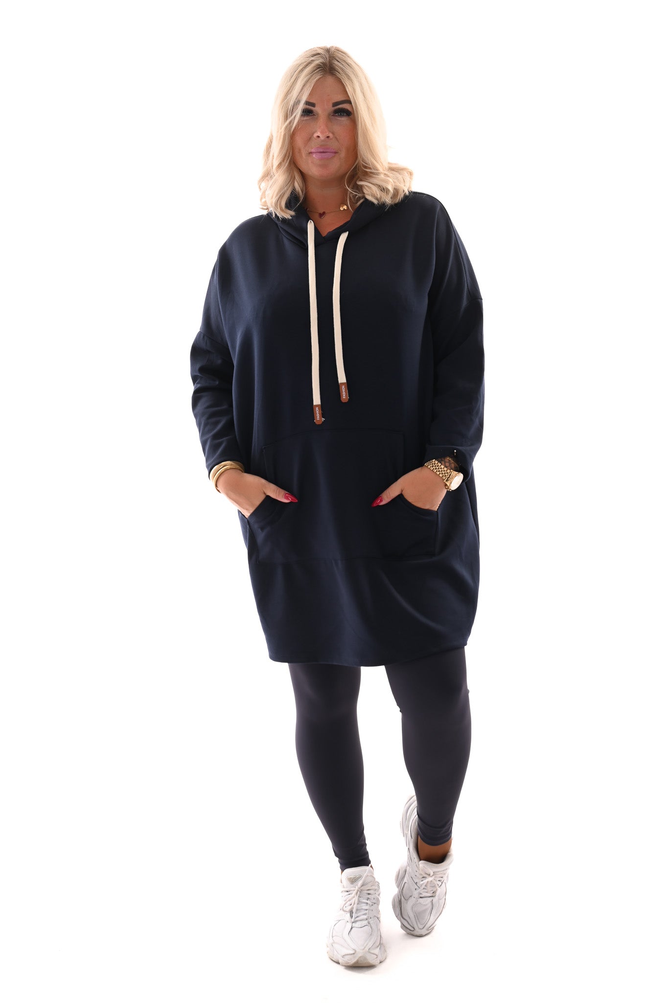 Sweaterdress met capuchon marineblauw