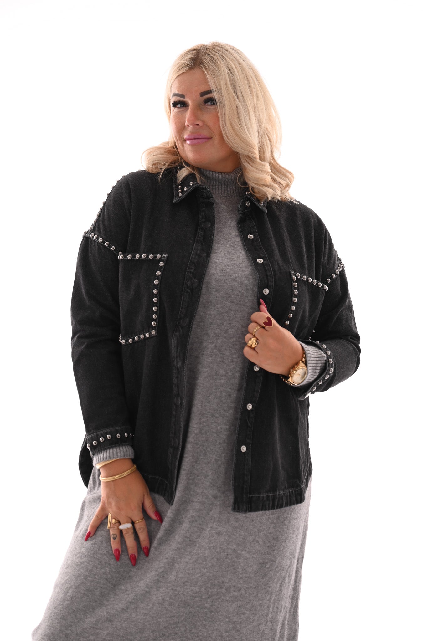 Jeansblouse met studs zwart
