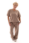 Tweedelig jogging set v-hals met boord uni taupe