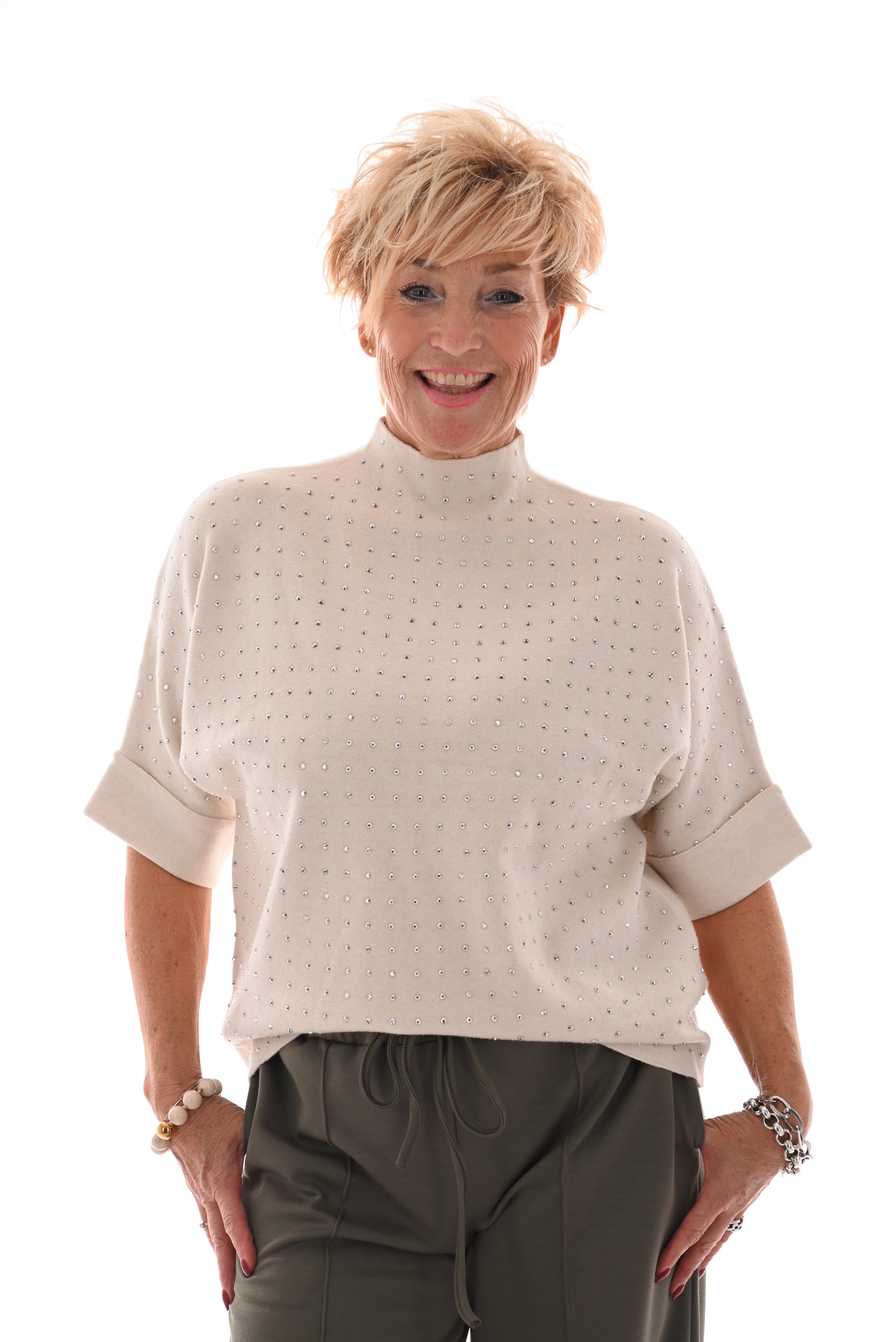 Top korte mouwen met strass creme