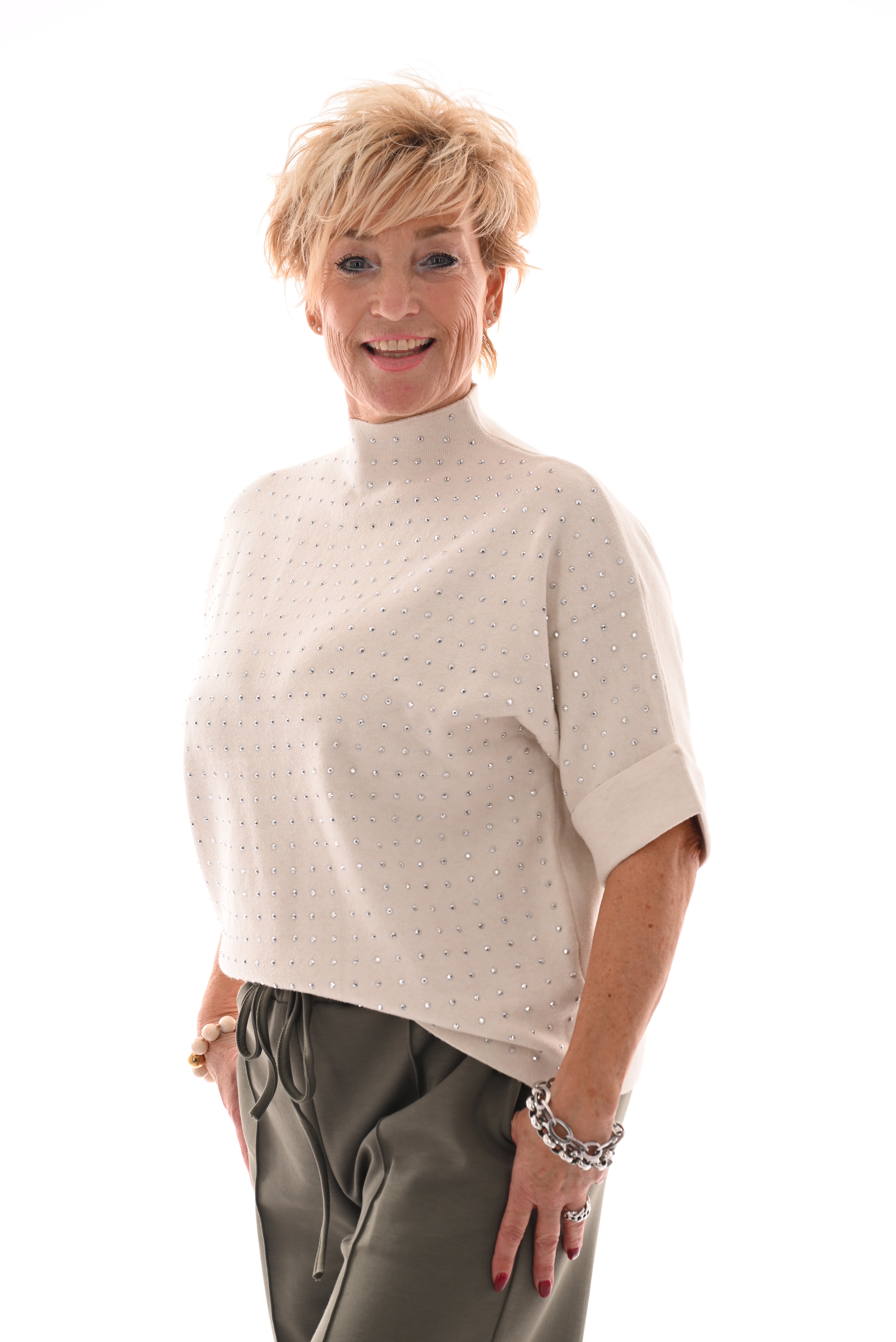 Top korte mouwen met strass creme