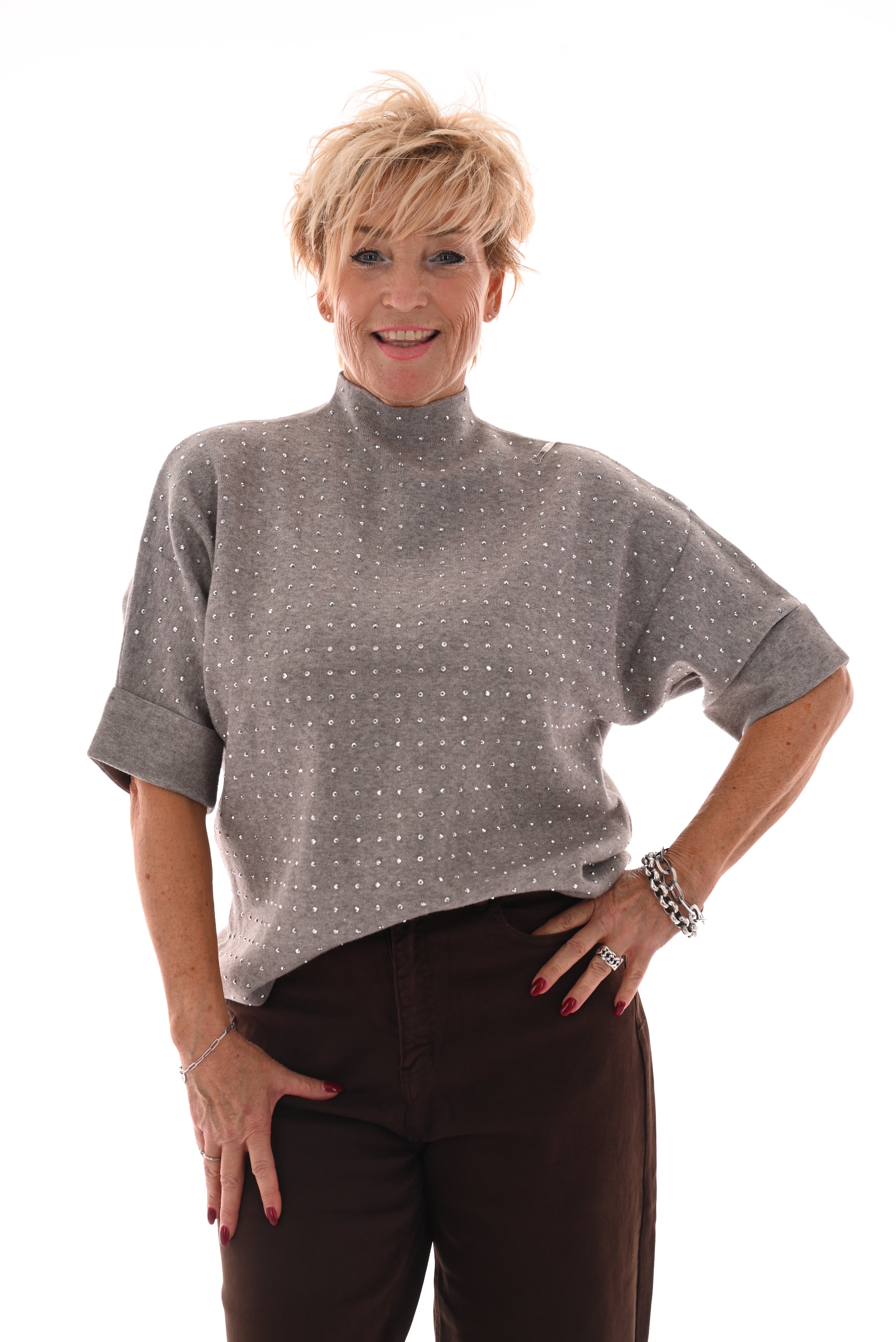Top korte mouwen met strass taupe