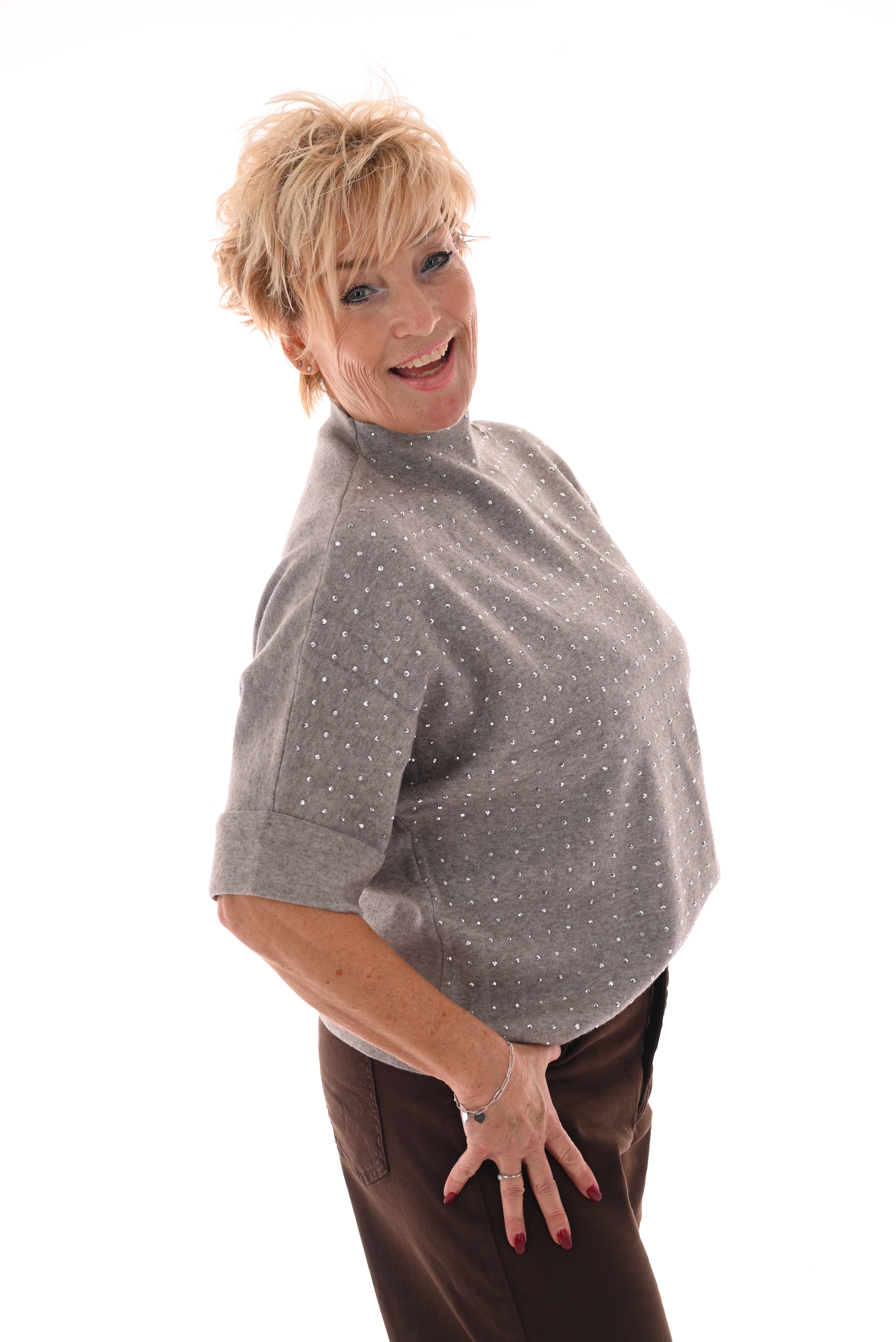 Top korte mouwen met strass taupe