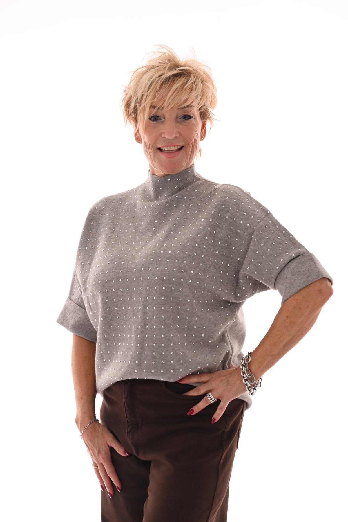 Top korte mouwen met strass taupe