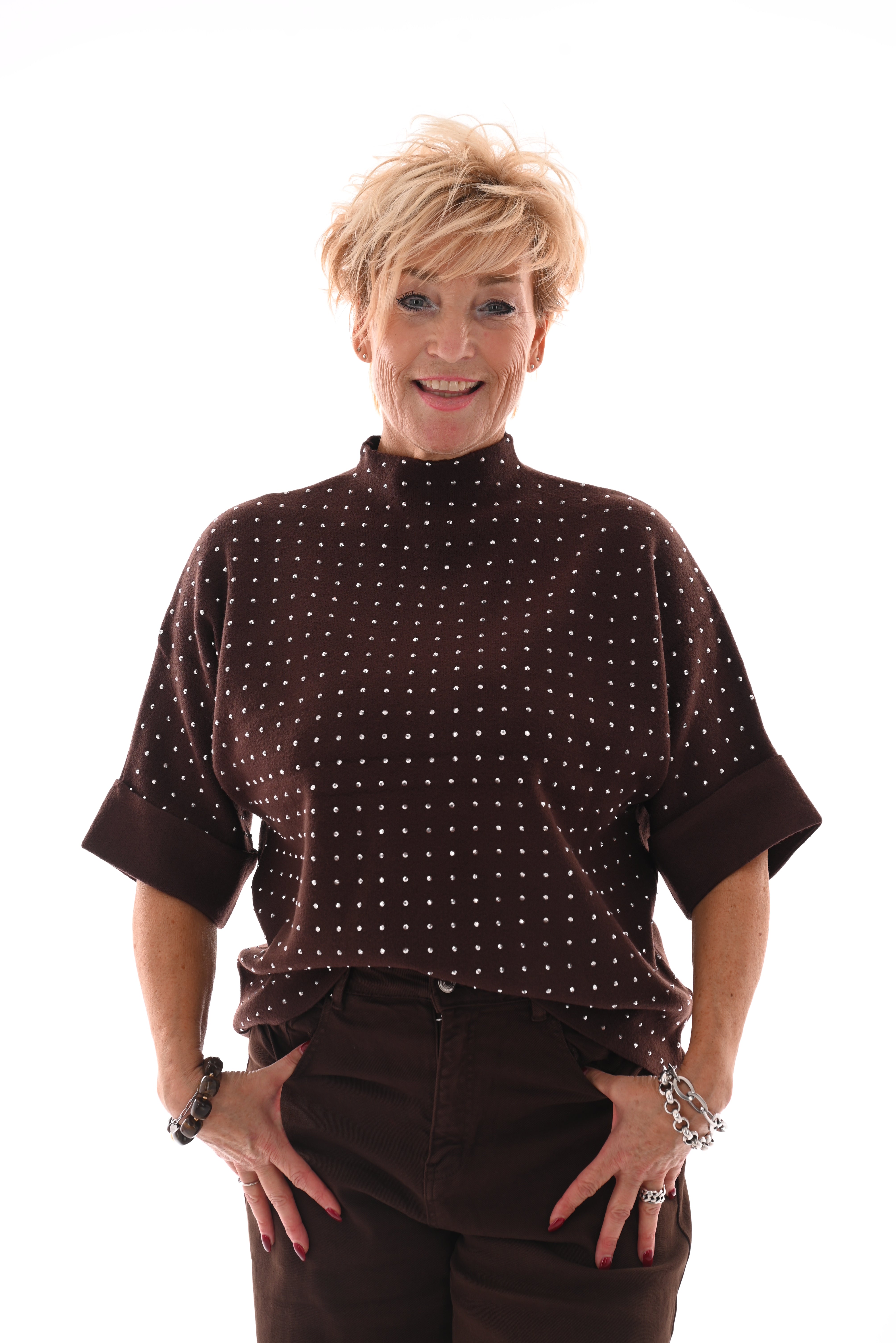 Top korte mouwen met strass donkerbruin