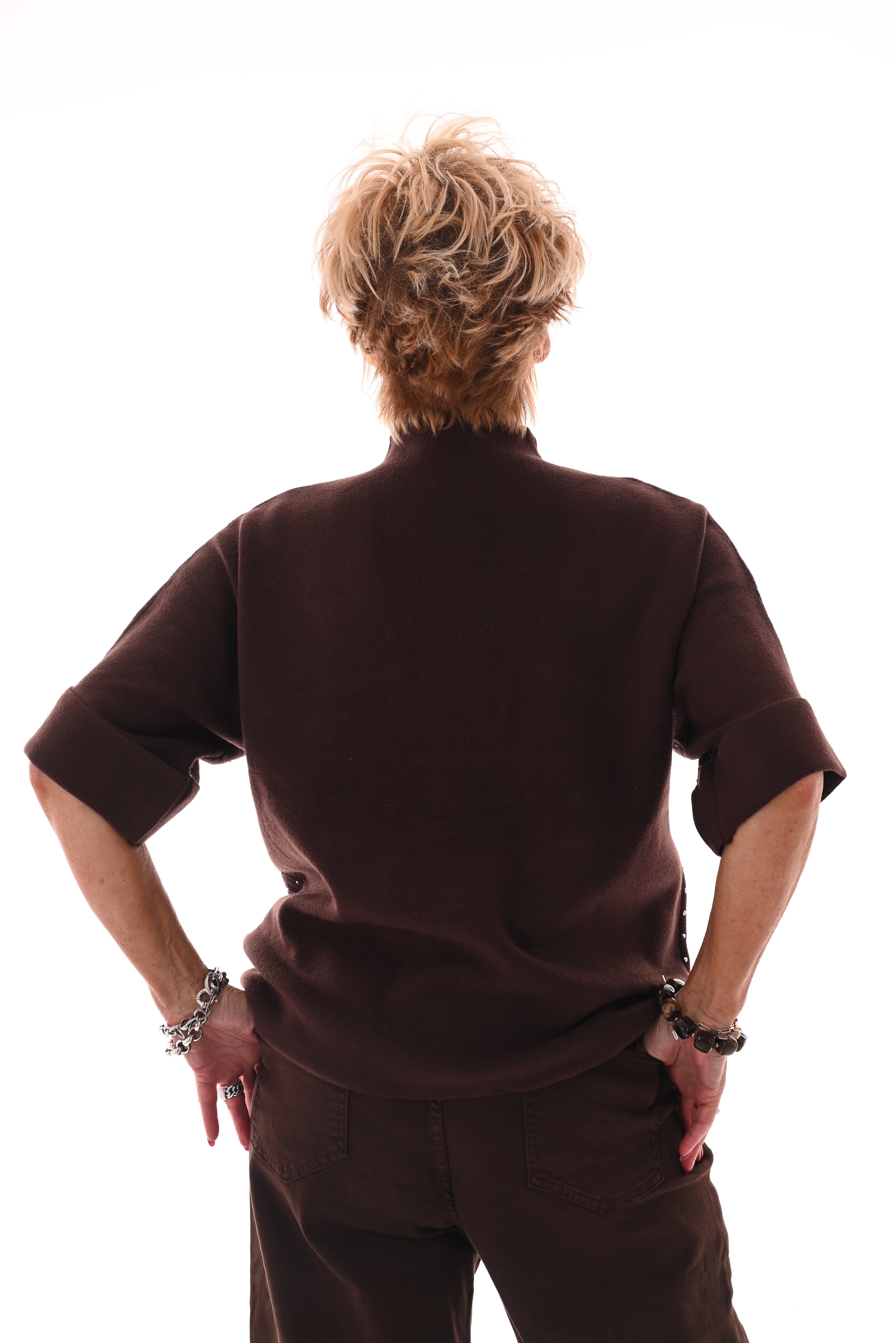 Top korte mouwen met strass donkerbruin