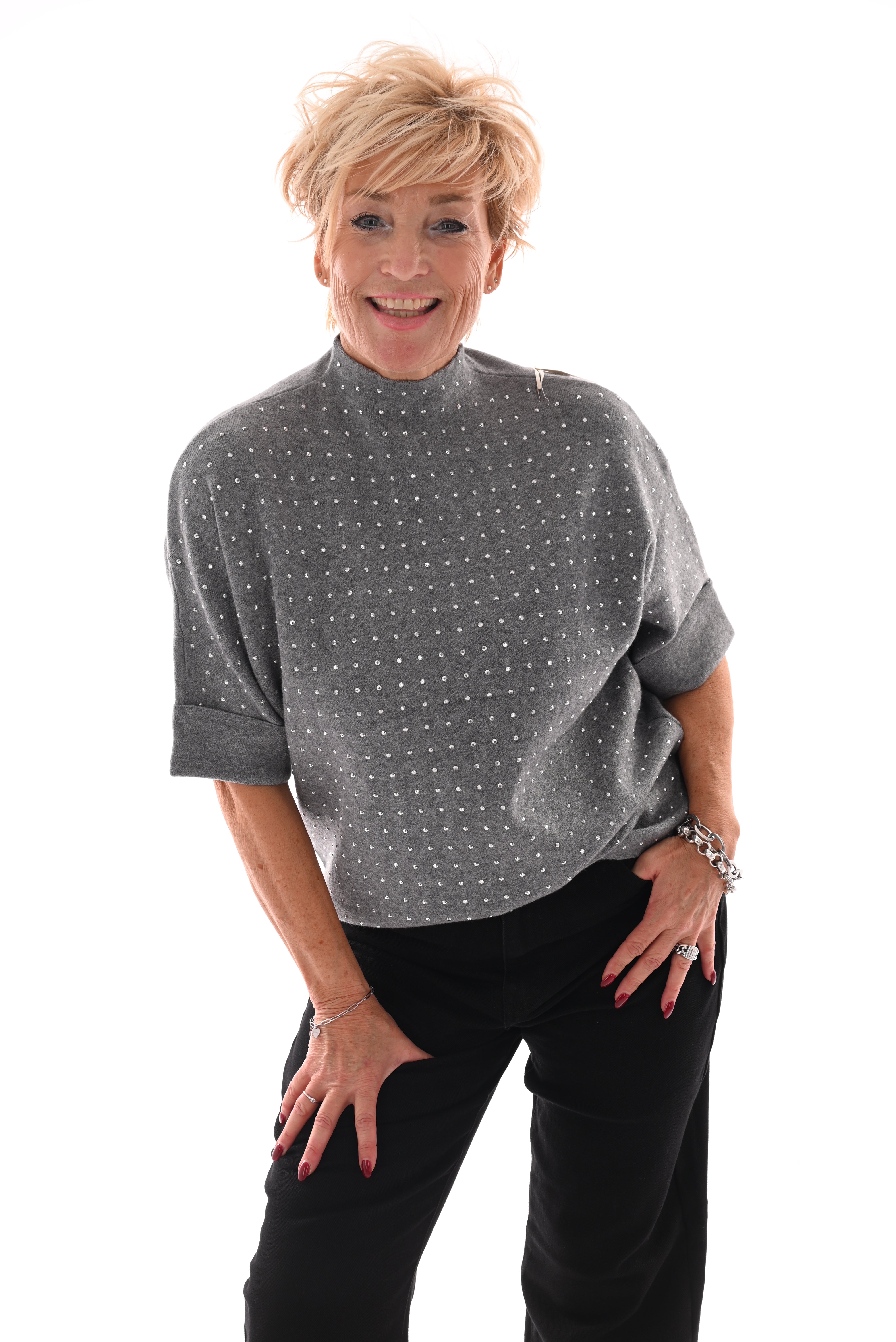 Top korte mouwen met strass grijs