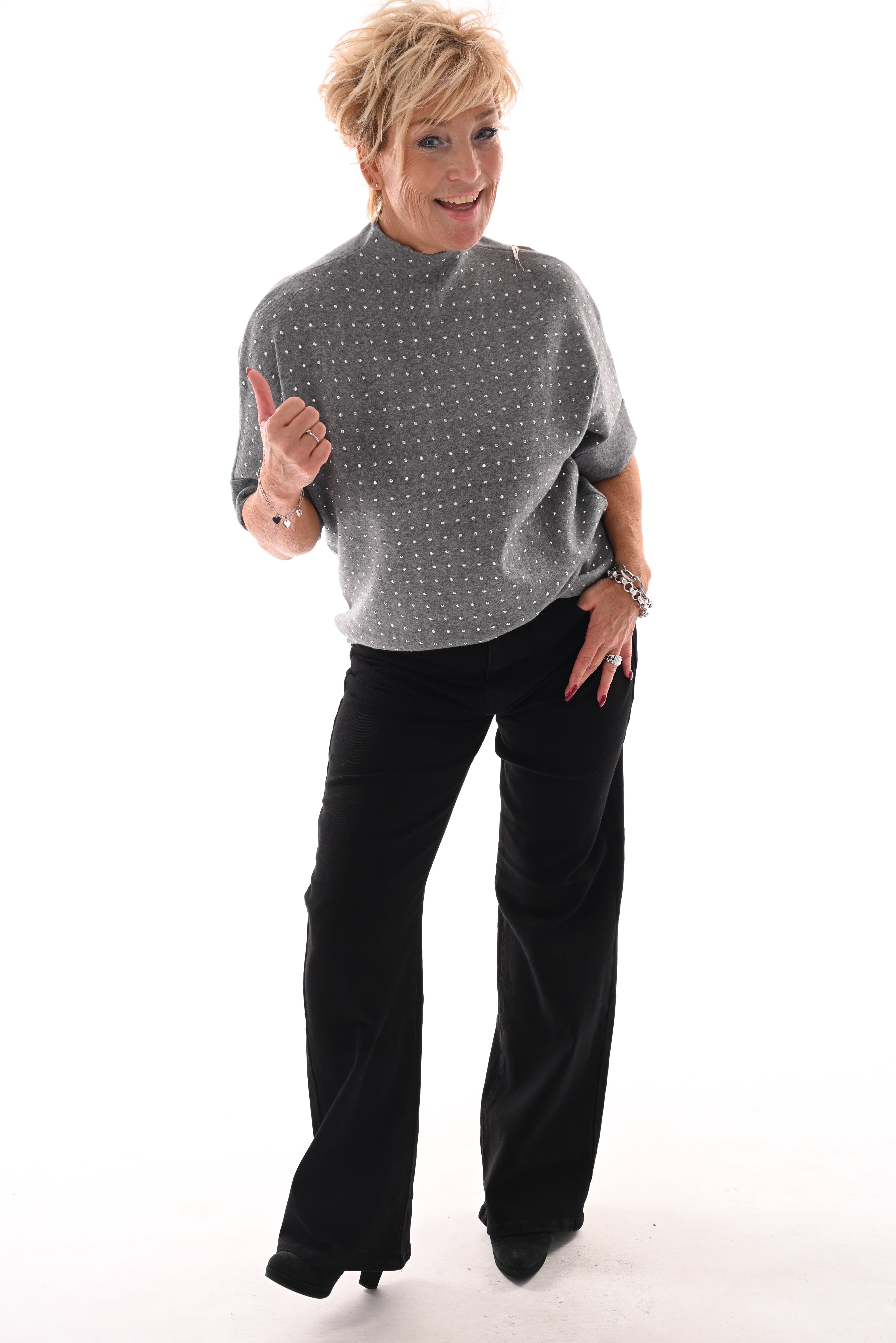 Top korte mouwen met strass grijs