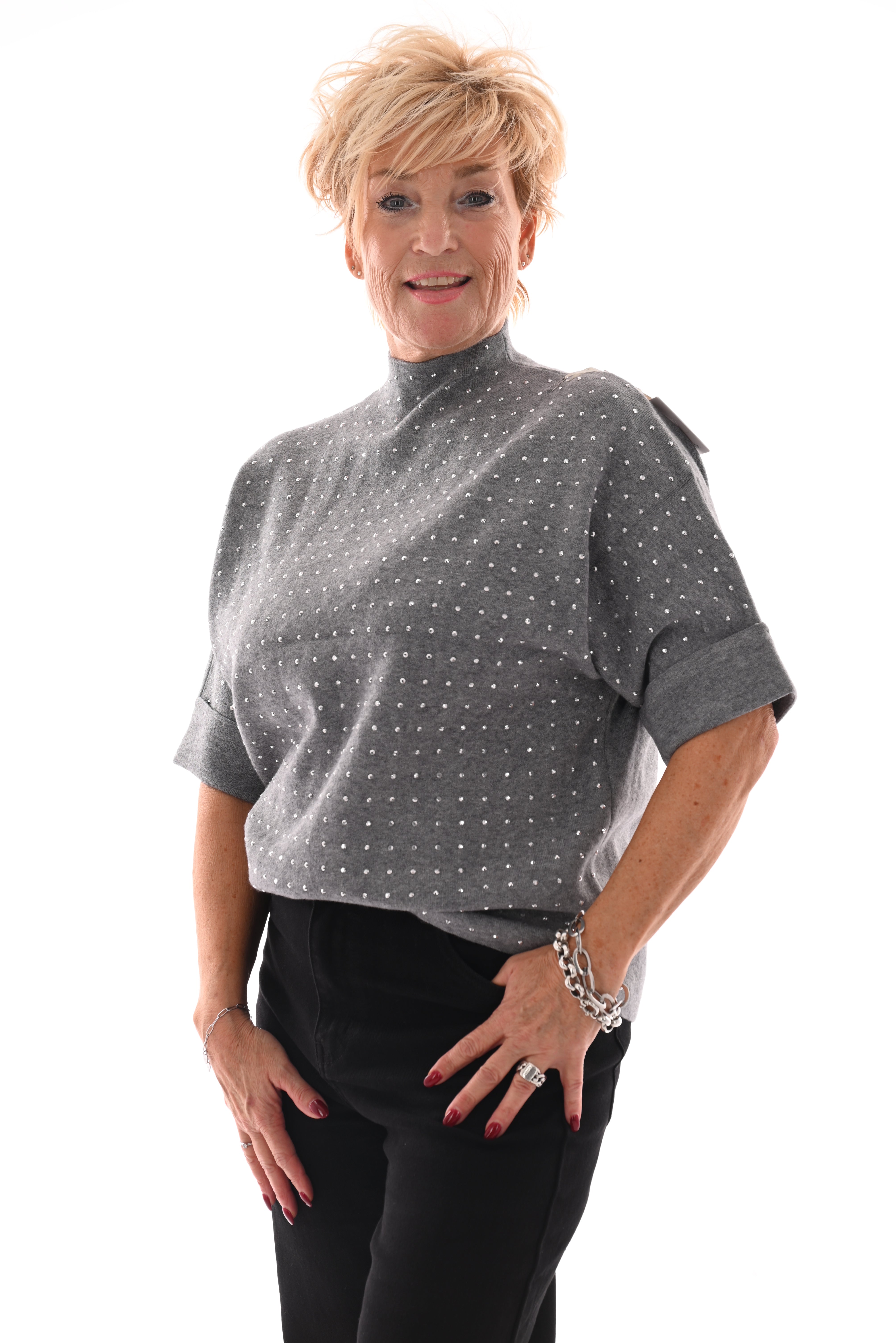 Top korte mouwen met strass grijs