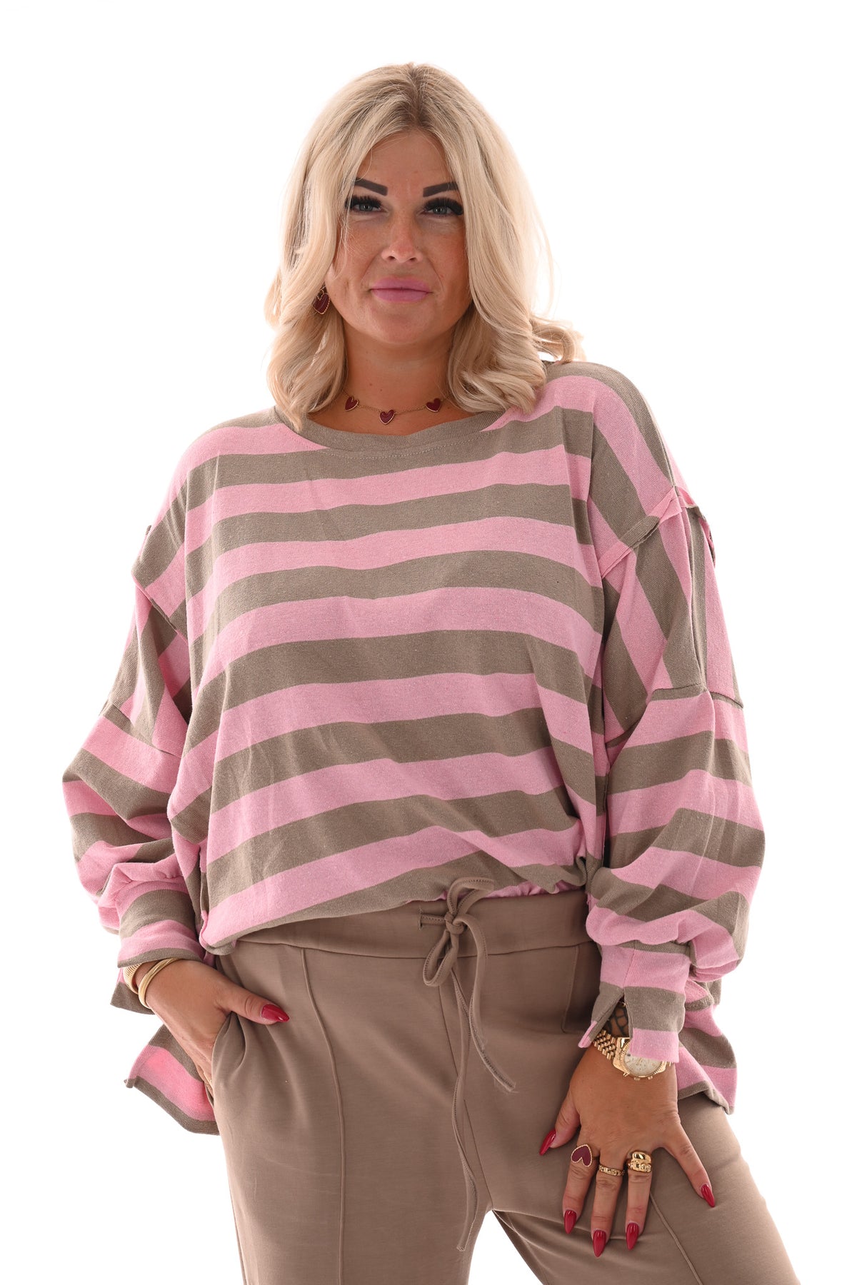 Oversized gestreepte trui roze/taupe