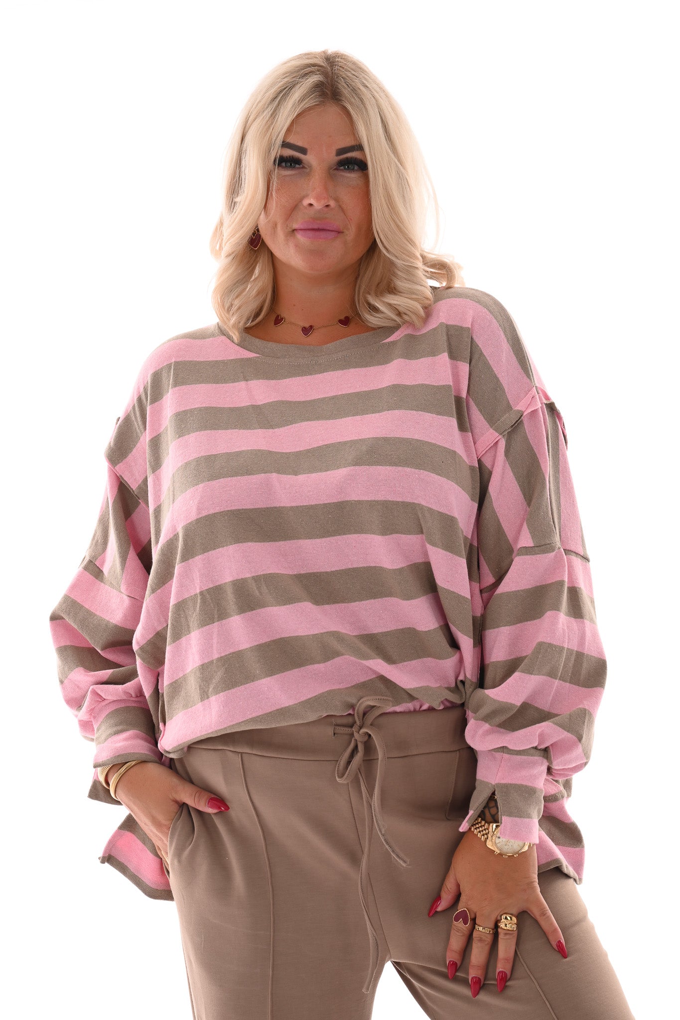 Oversized gestreepte trui roze/taupe