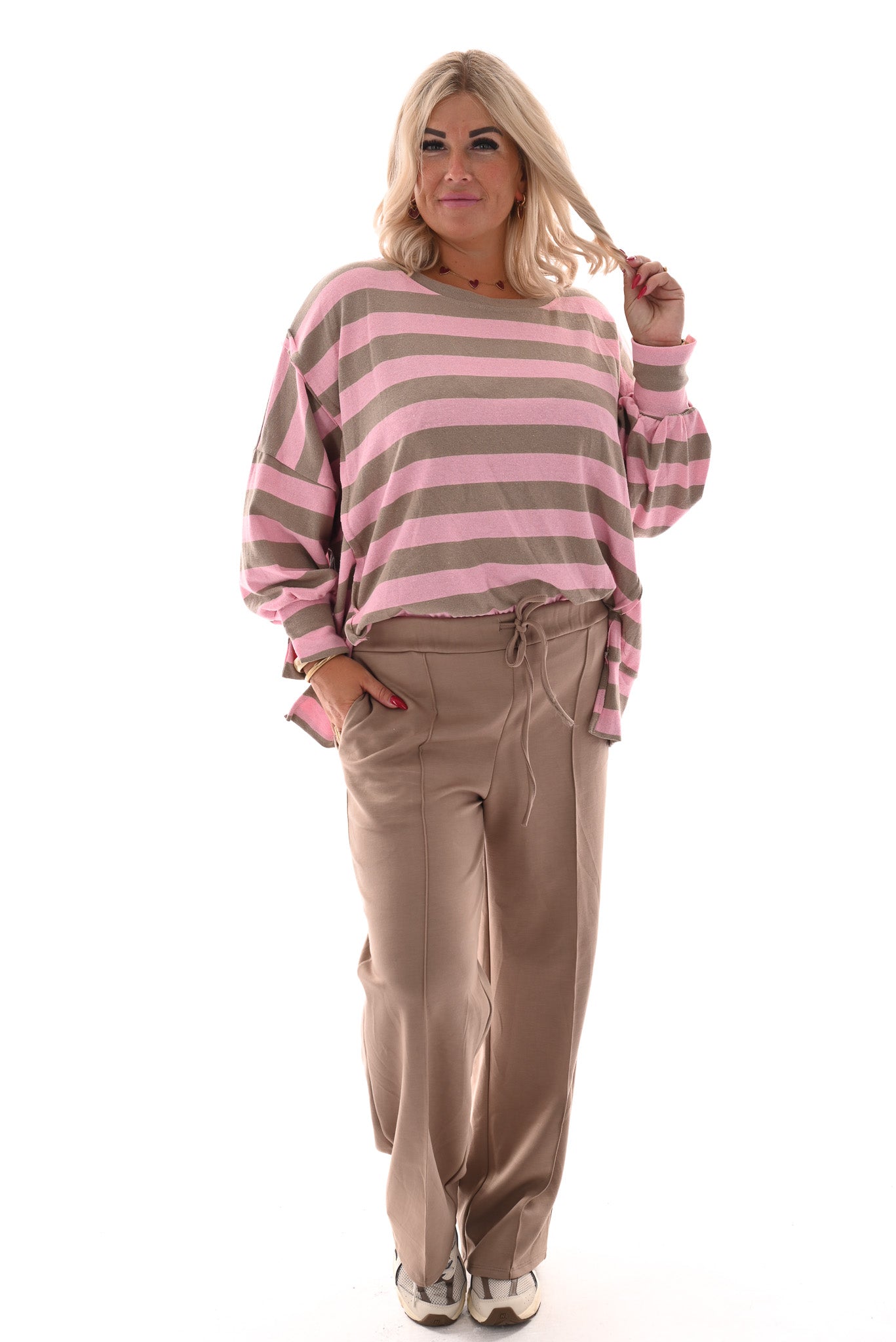 Oversized gestreepte trui roze/taupe