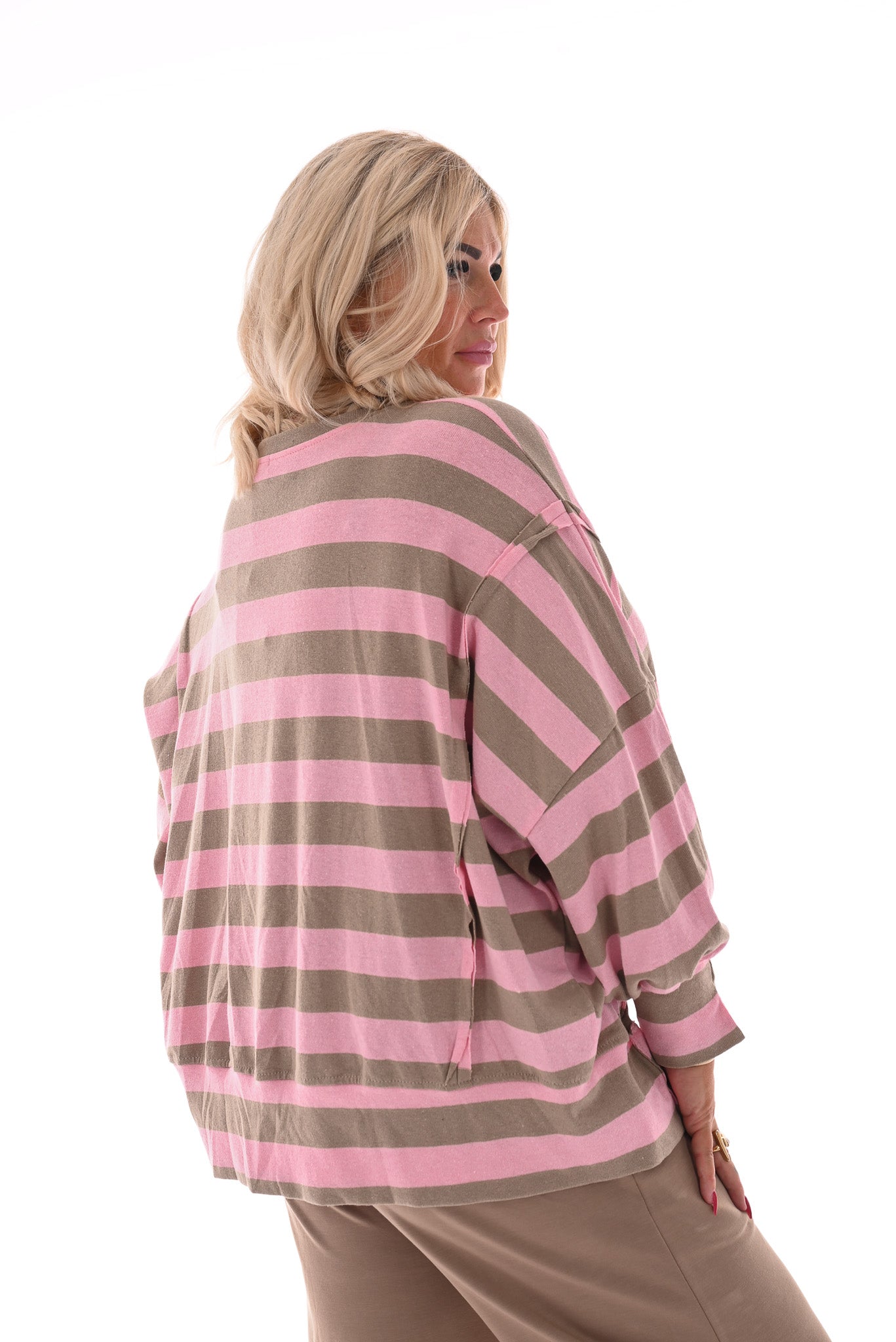 Oversized gestreepte trui roze/taupe
