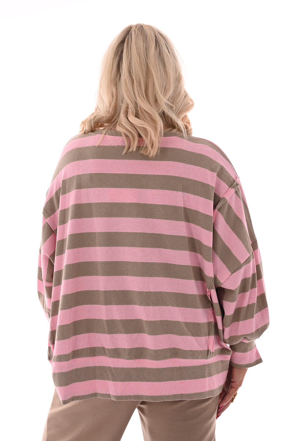 Oversized gestreepte trui roze/taupe