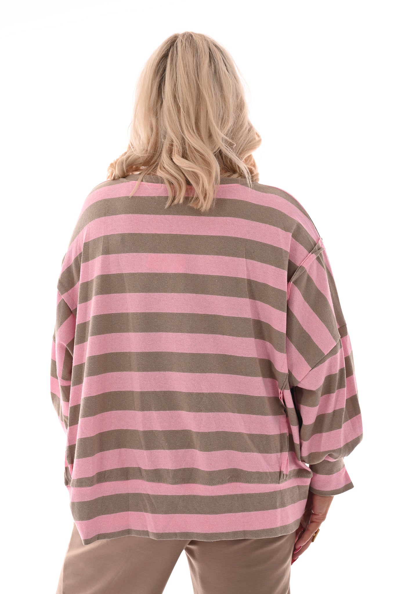 Oversized gestreepte trui roze/taupe