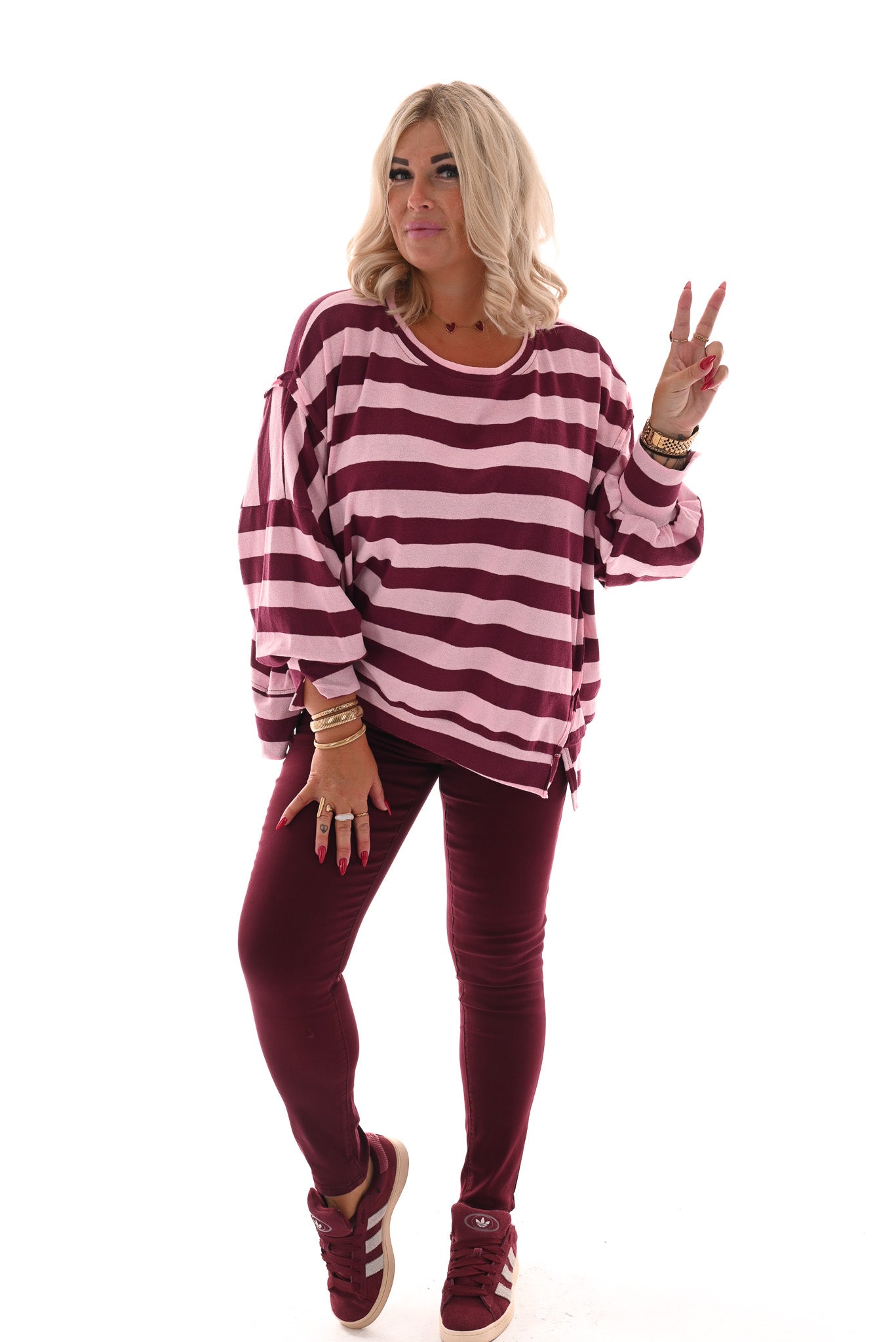 Oversized gestreepte trui roze/bordeaux