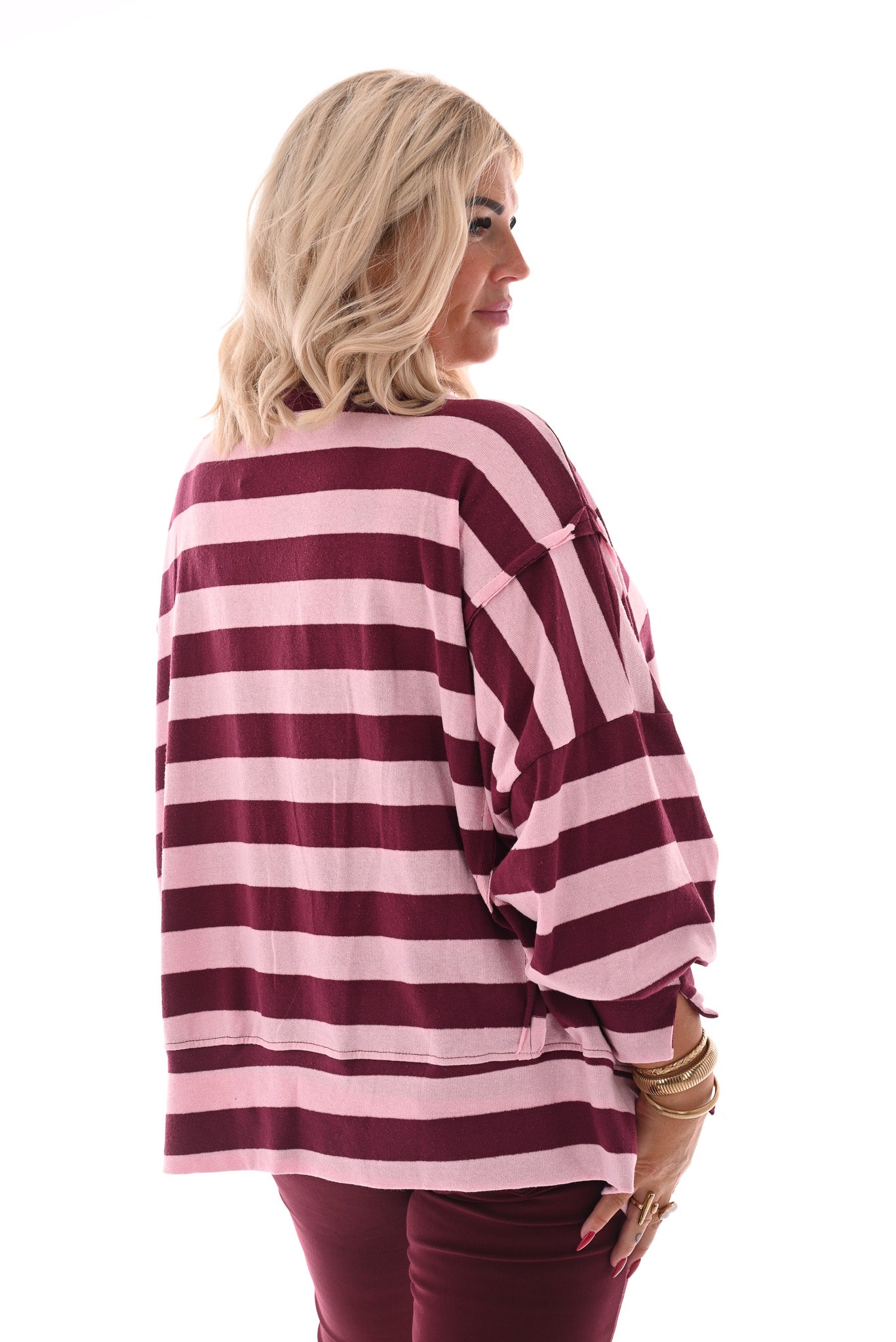 Oversized gestreepte trui roze/bordeaux