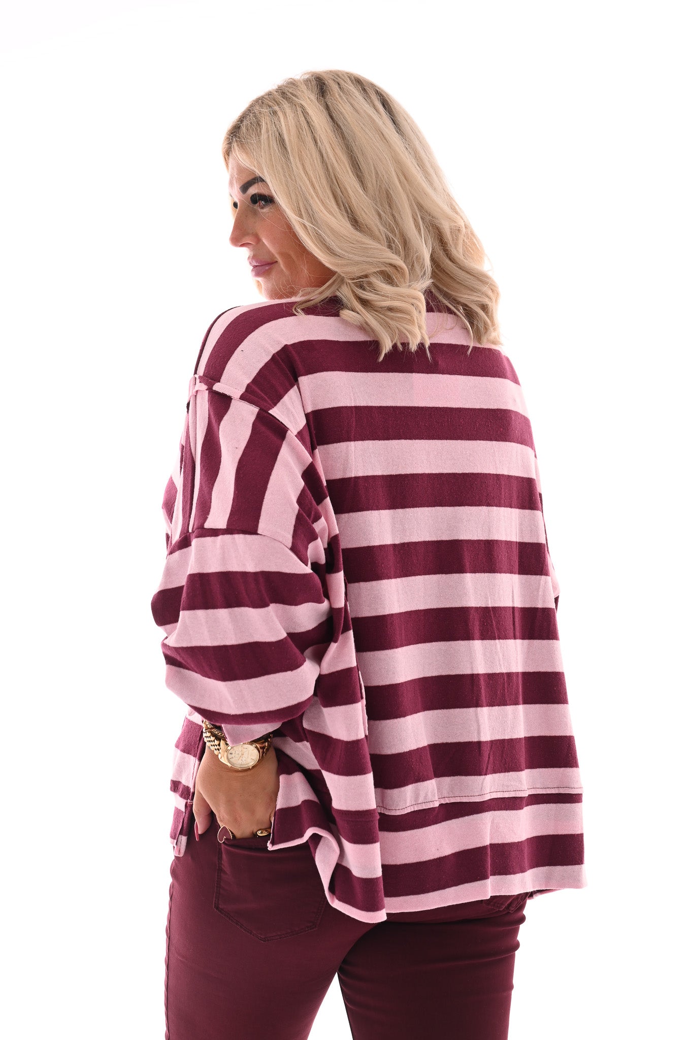 Oversized gestreepte trui roze/bordeaux