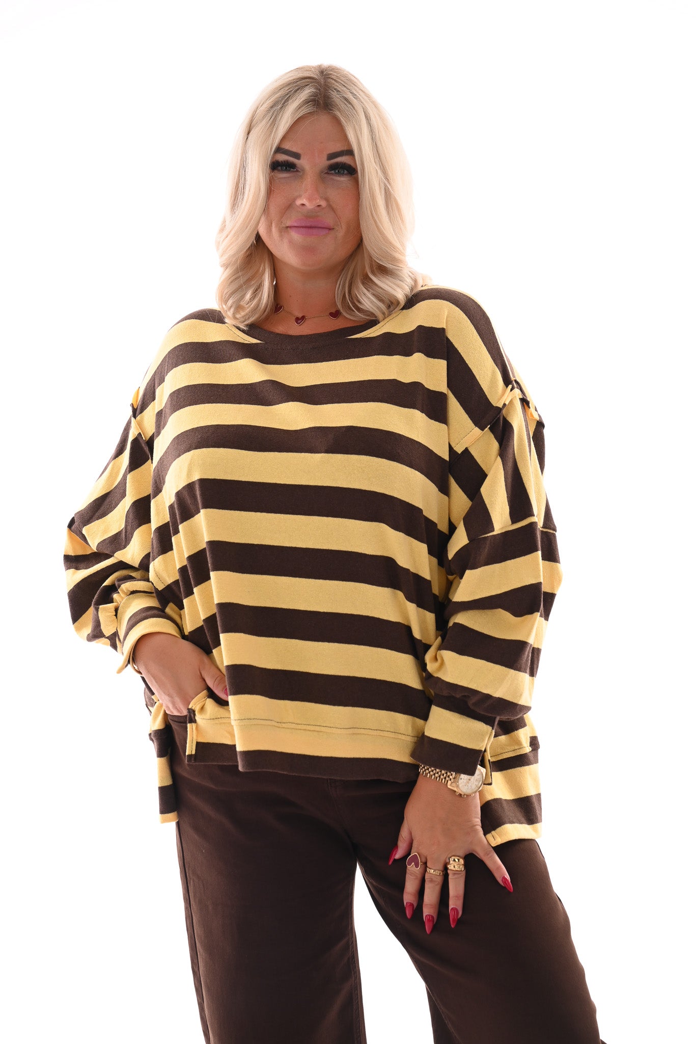 Oversized gestreepte trui bruin/geel