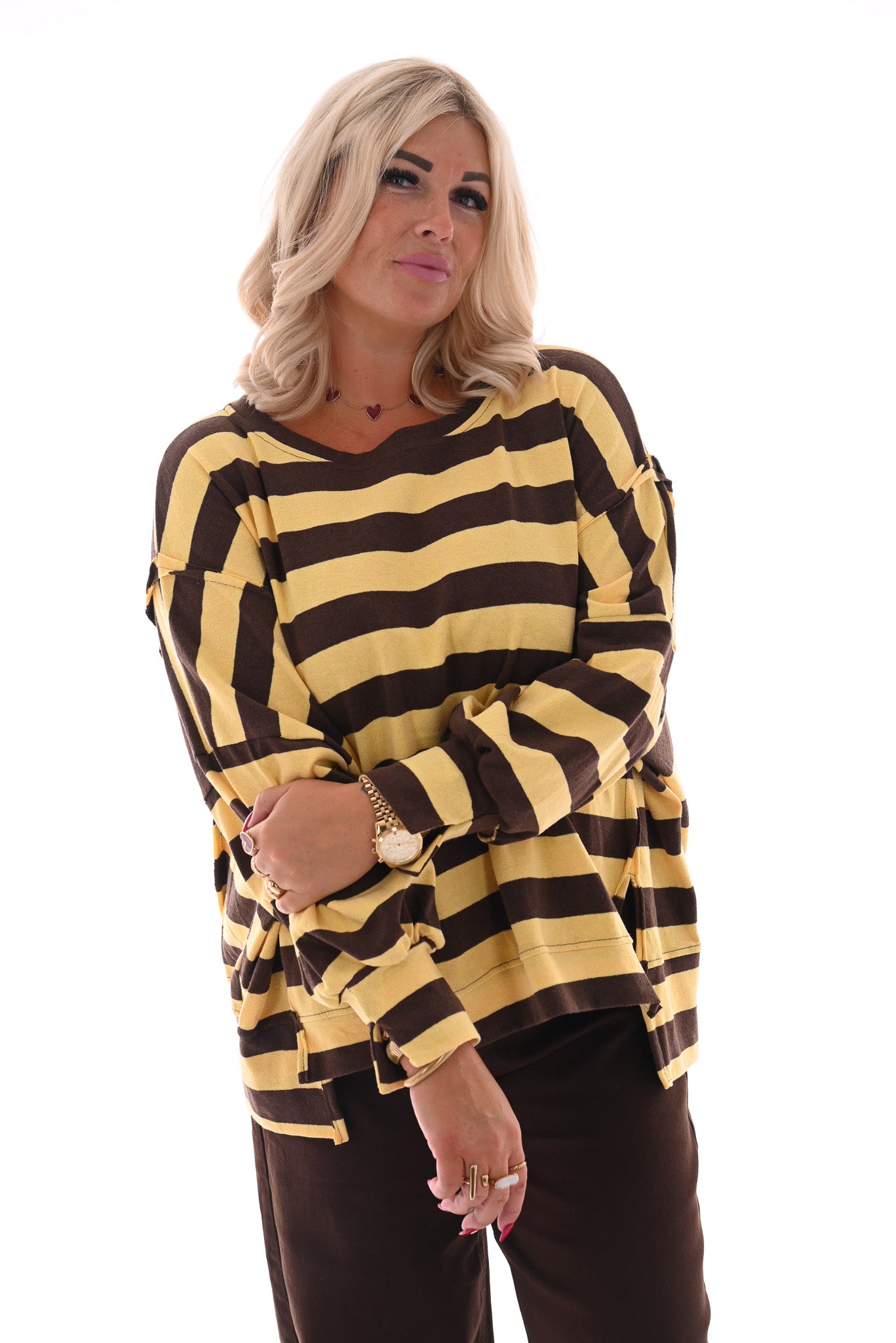 Oversized gestreepte trui bruin/geel