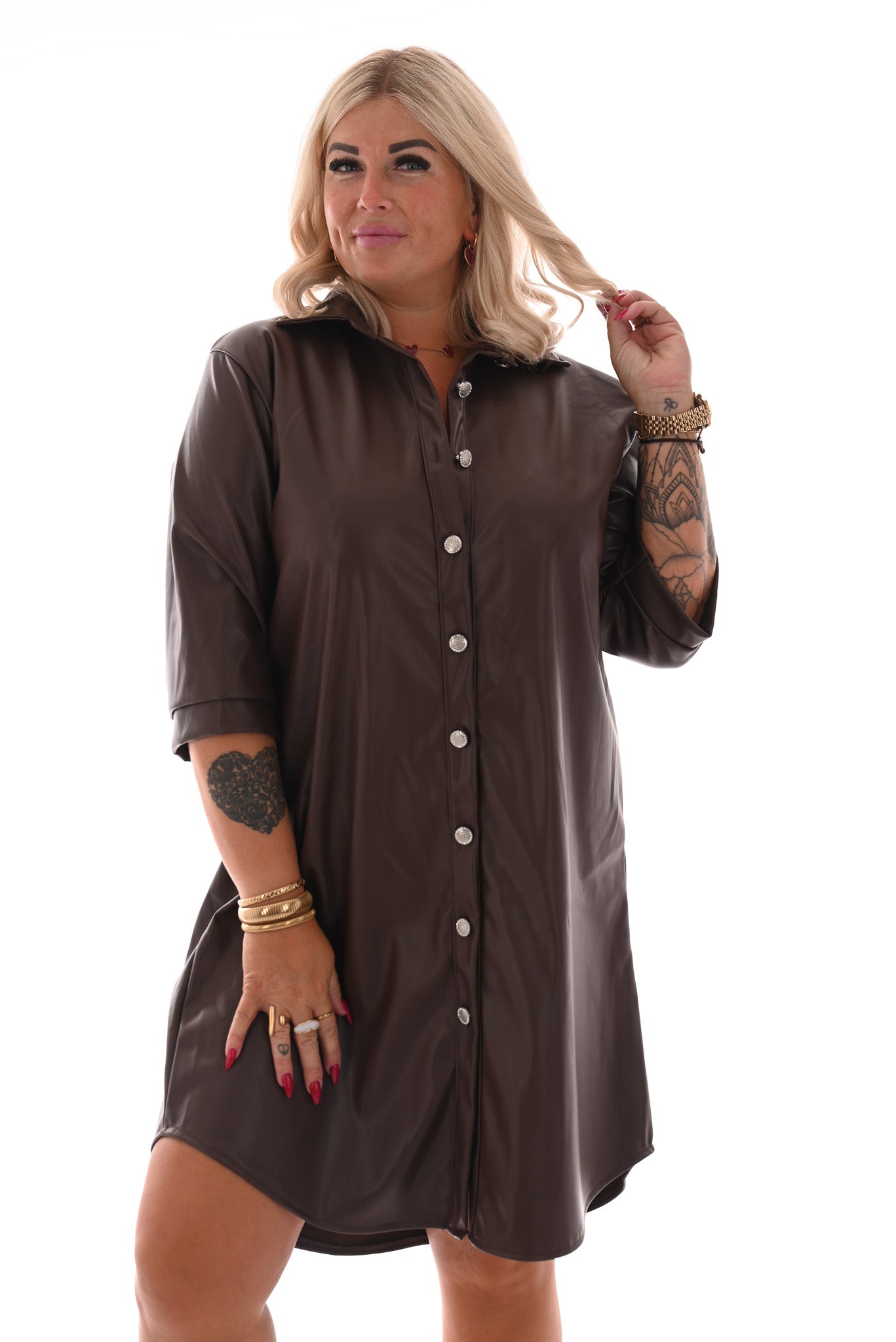 Leatherlook doorknoop jurk bruin