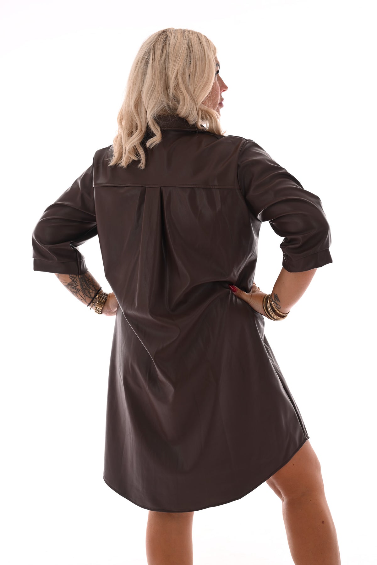 Leatherlook doorknoop jurk bruin