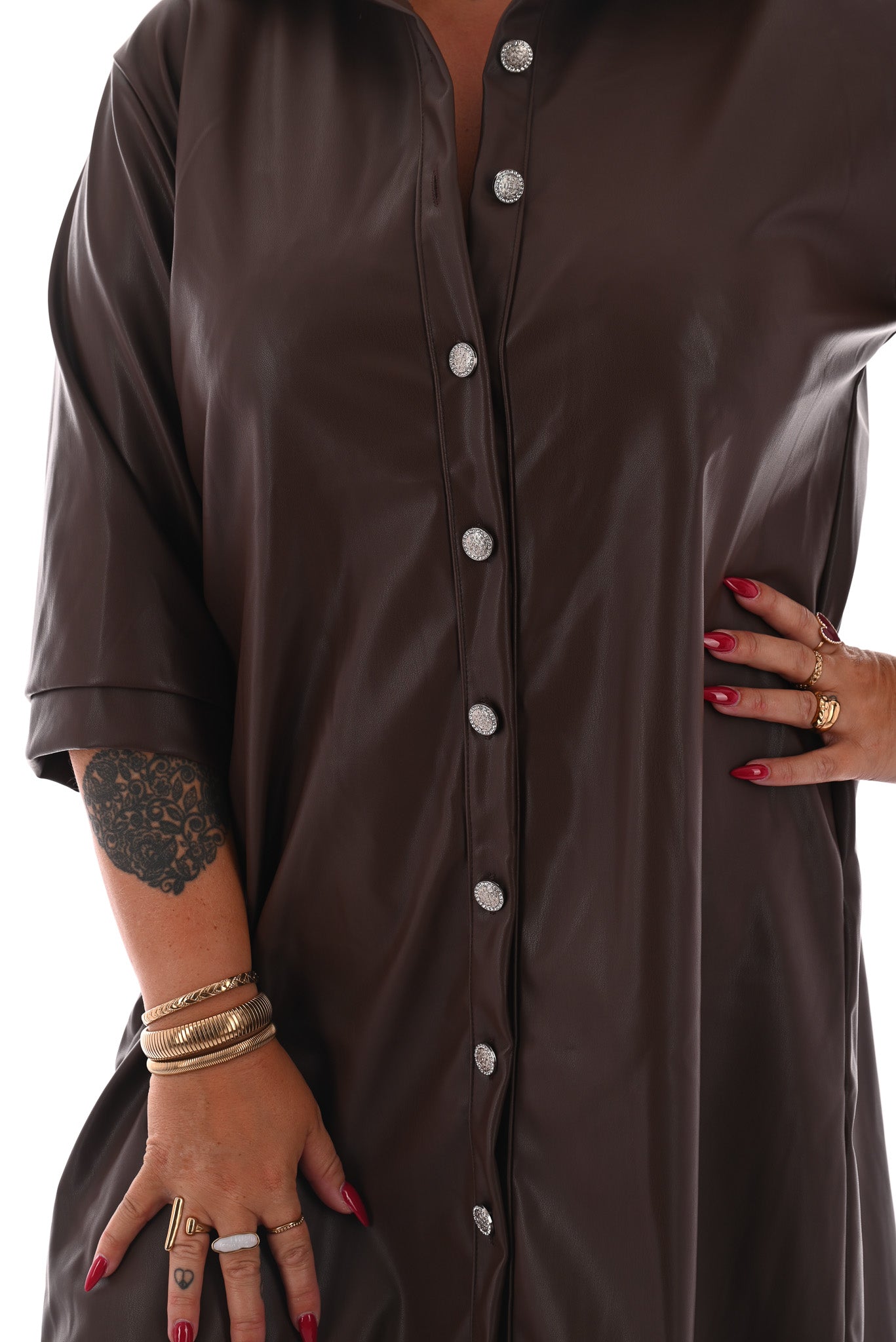 Leatherlook doorknoop jurk bruin