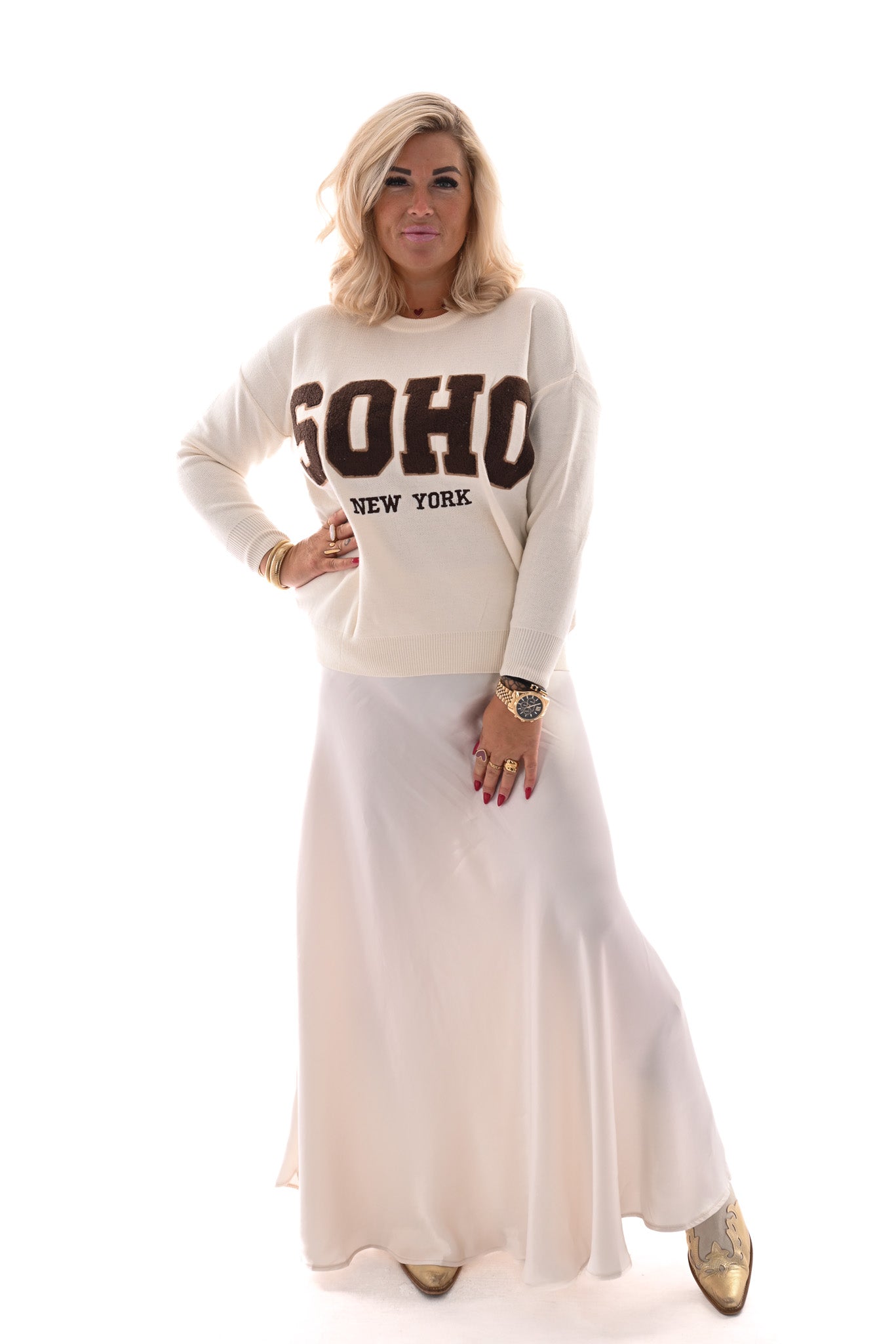 Lange silky rok roomwit