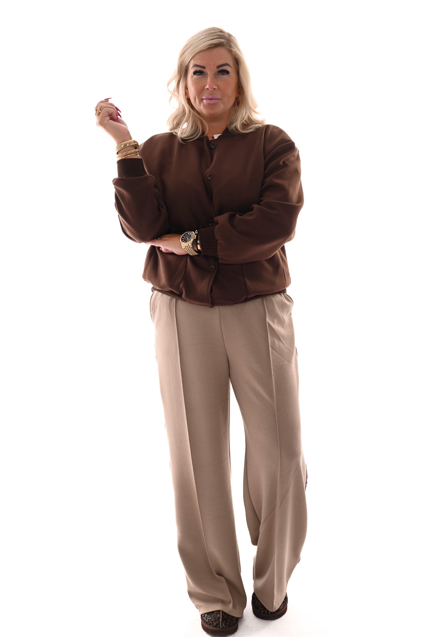 Wide leg joggingsbroek met bies beige