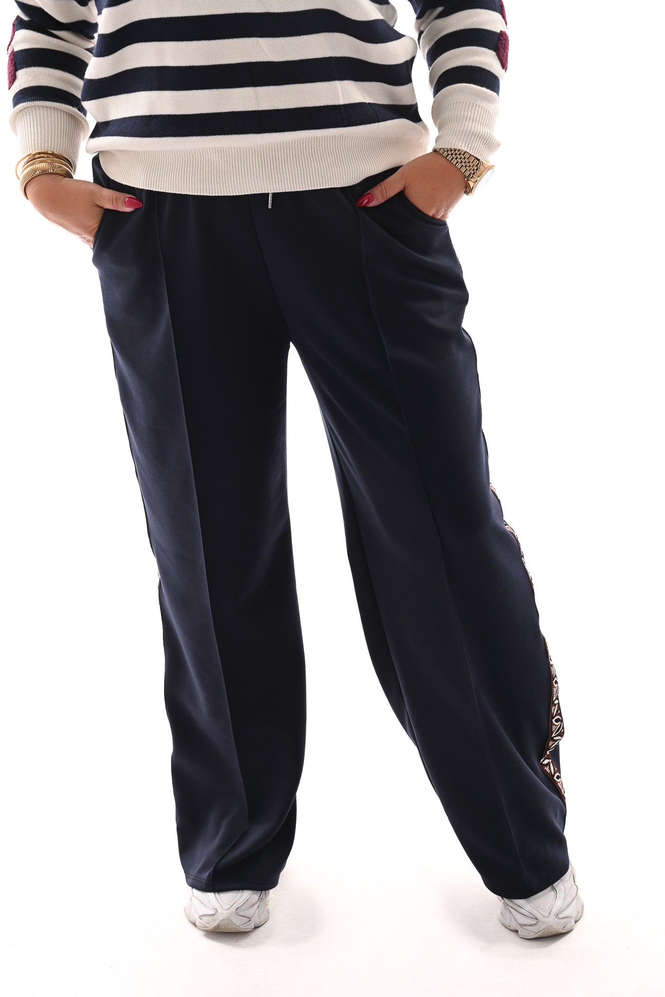 Wide leg joggingsbroek met bies marineblauw