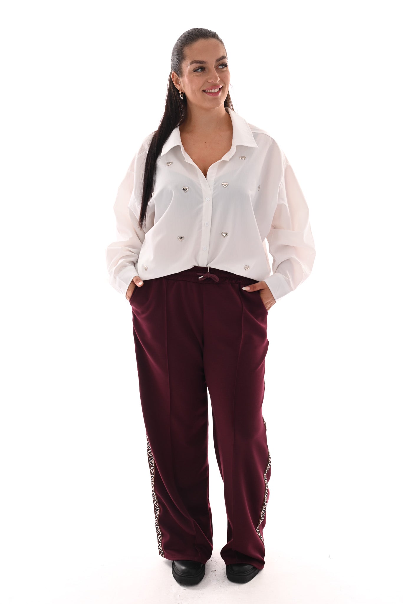 Wide leg joggingsbroek met bies bordeaux