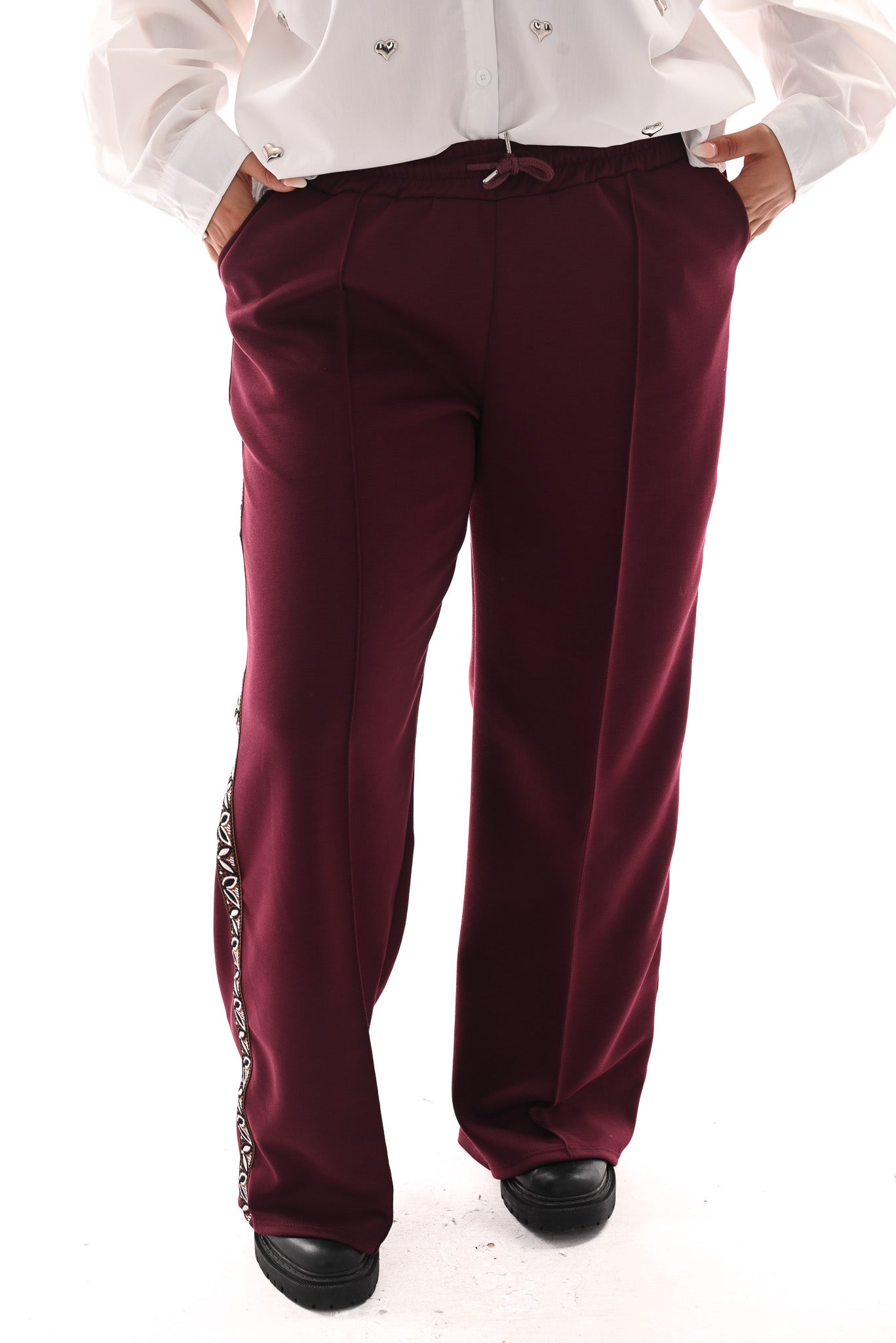 Wide leg joggingsbroek met bies bordeaux