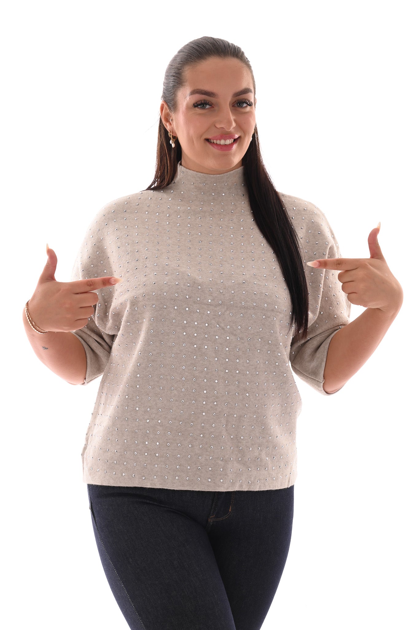 Top korte mouwen met strass beige
