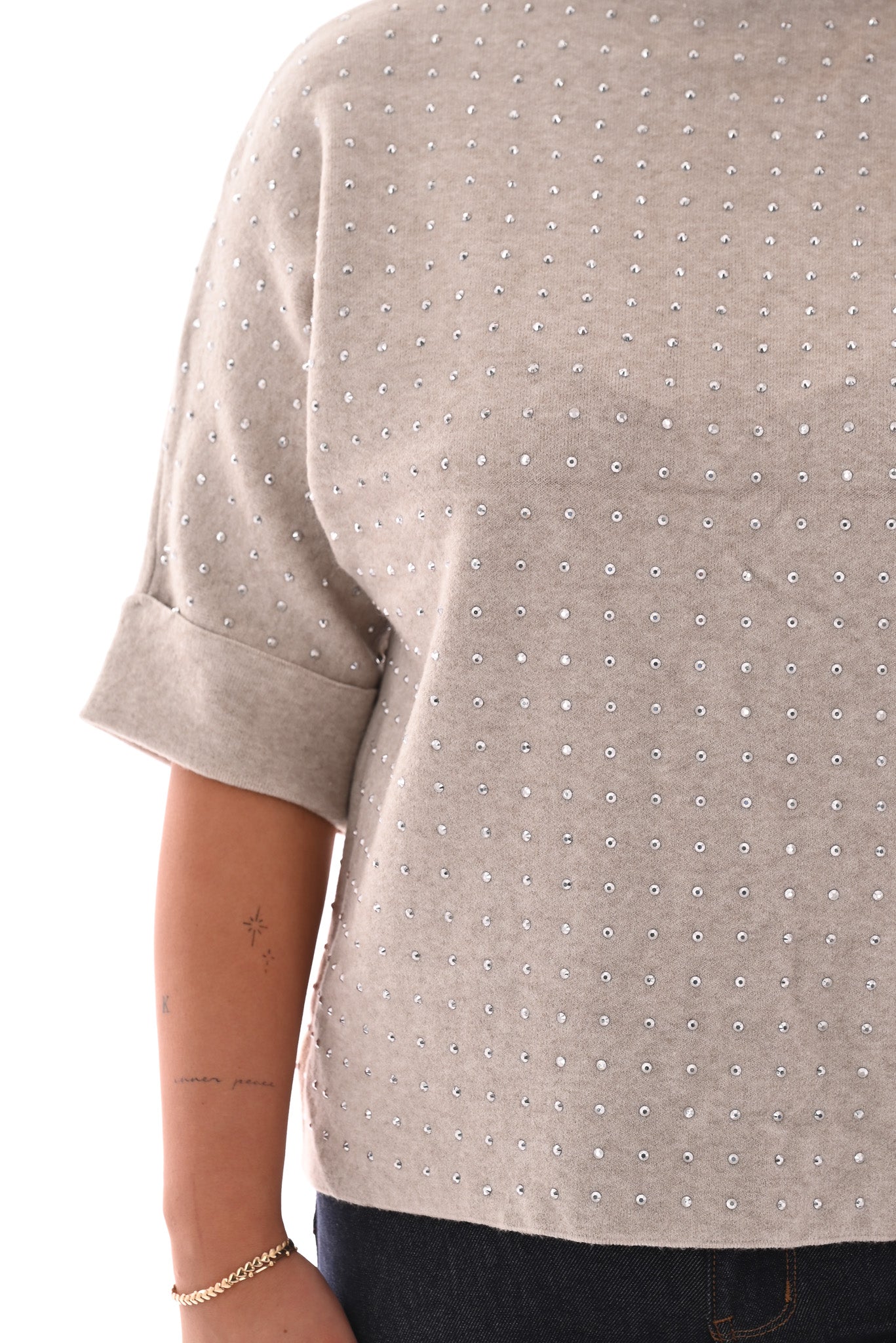 Top korte mouwen met strass beige