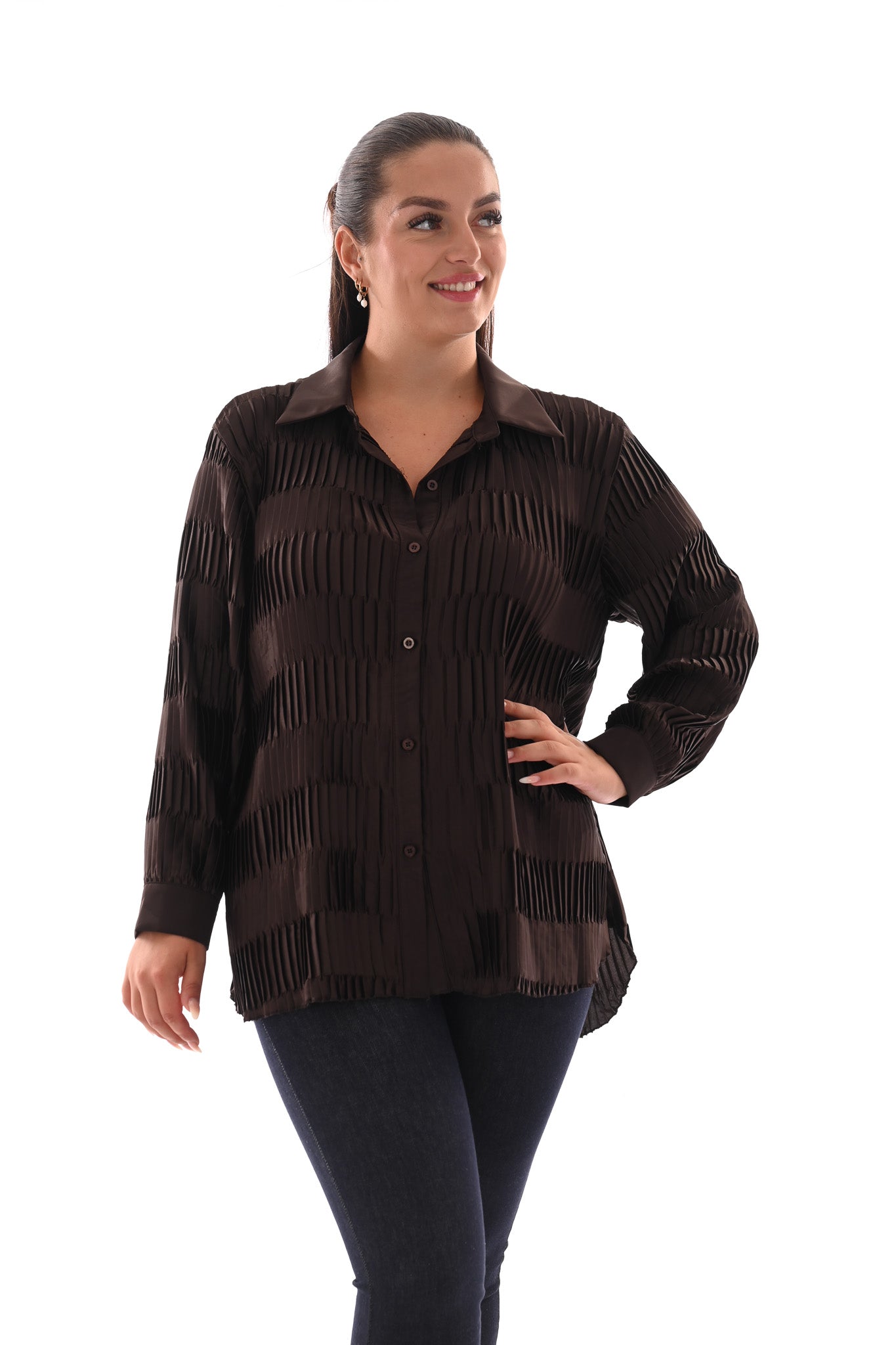 Silky doorknoop blouse structuur plisse donkerbruin