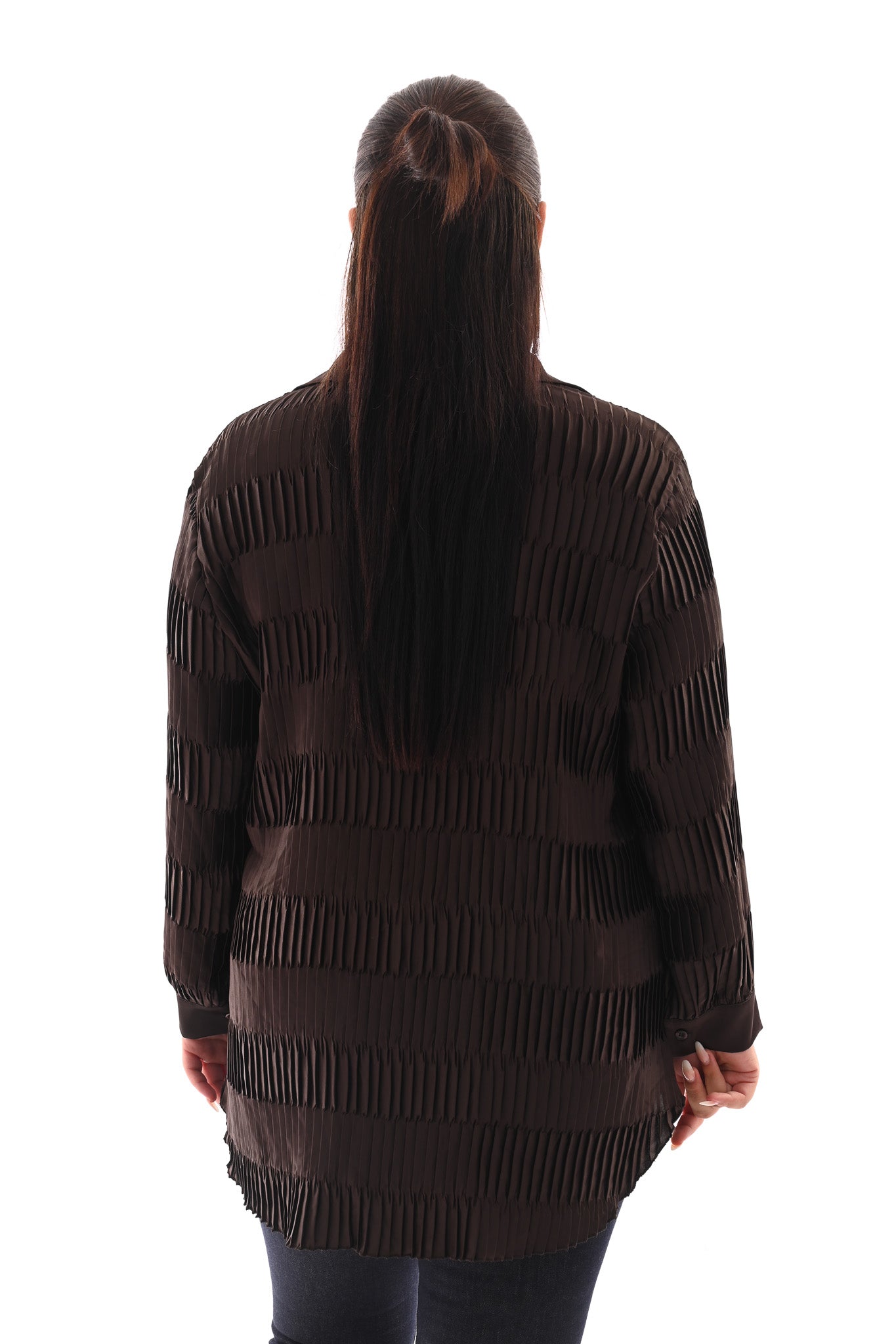 Silky doorknoop blouse structuur plisse donkerbruin