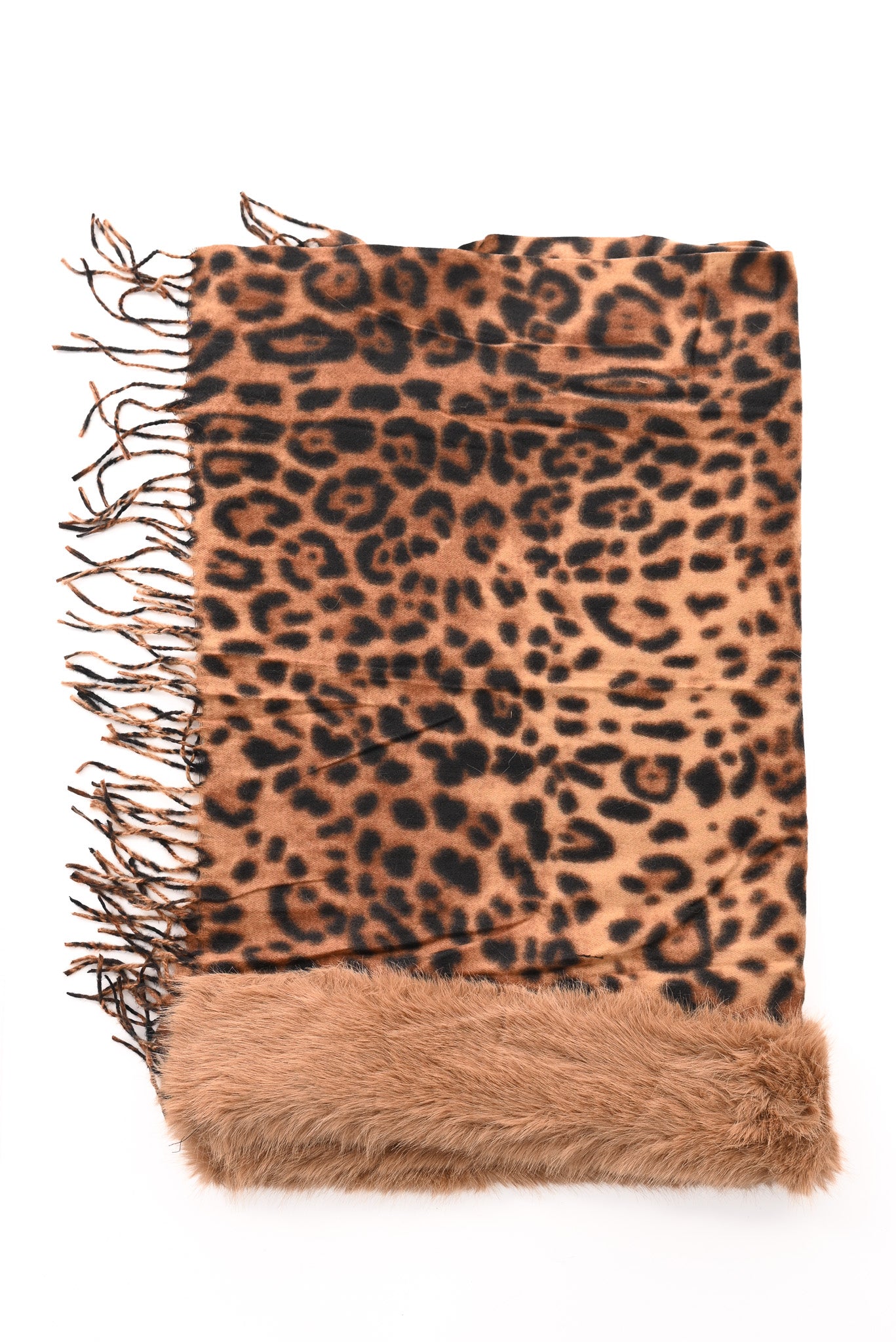 Omslagdoek panterprint met faux fur camel