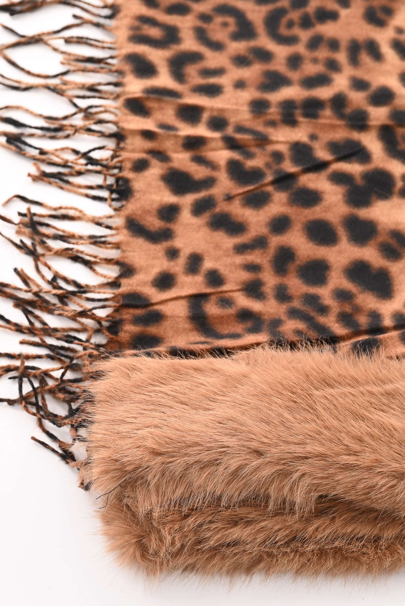 Omslagdoek panterprint met faux fur camel