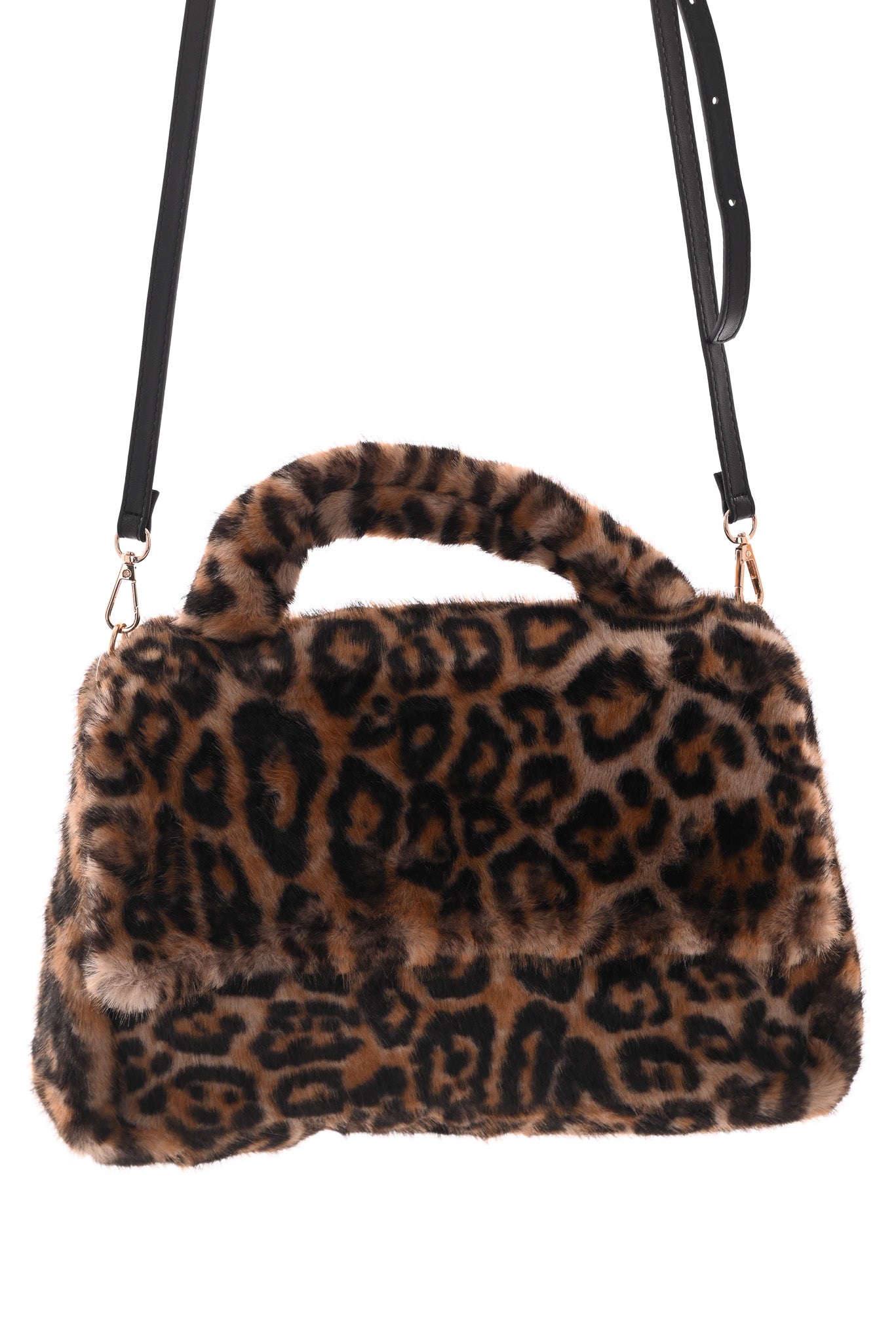 Faux fur panterprint handtas camel